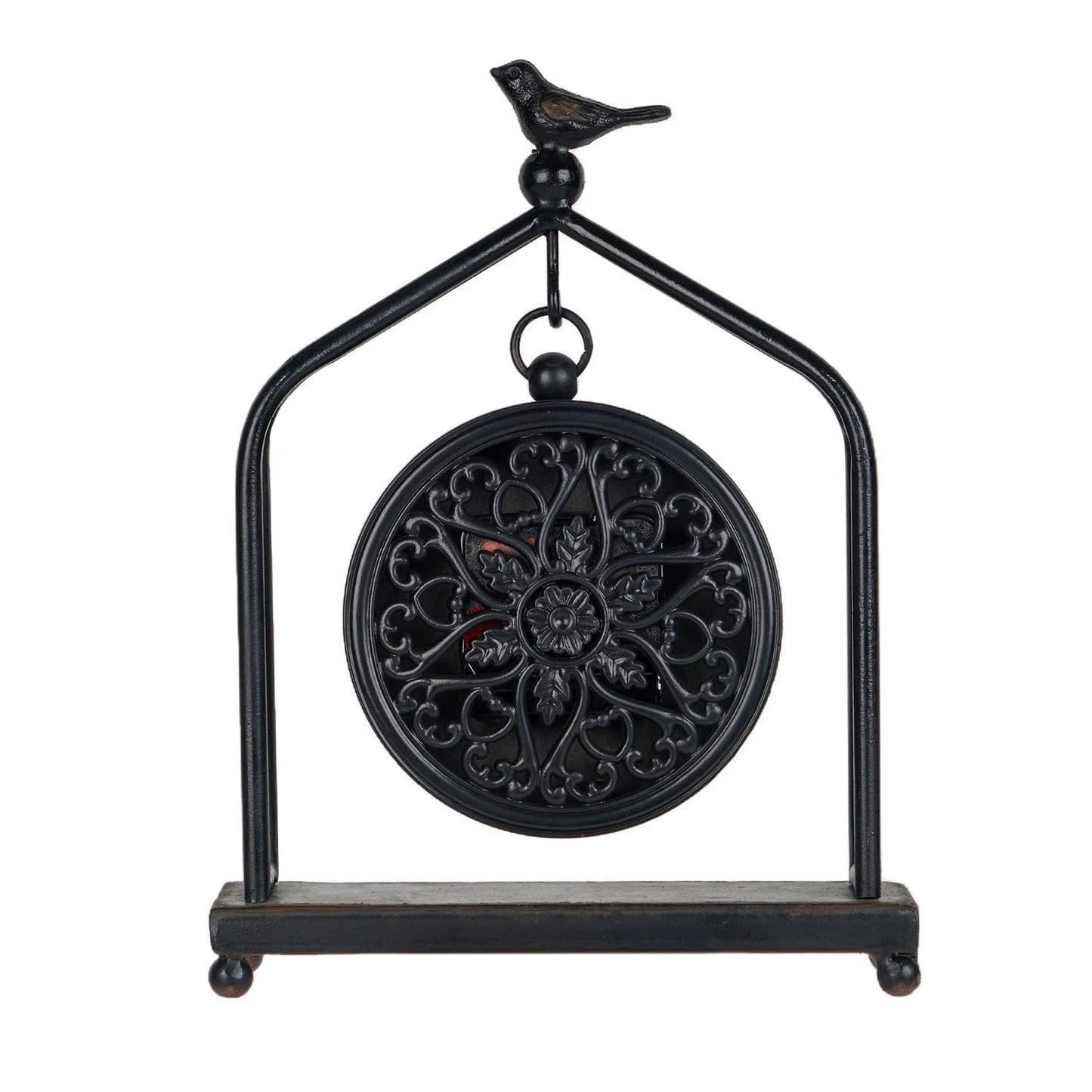 SOFFEE DESIGN 7.5'' x 10'' Mantel Clock Iron Tower Frame, Creative Bird Ornament Tabletop Clock, Silent Clock with Hollow Carved Back Cover for Home Decor, Black