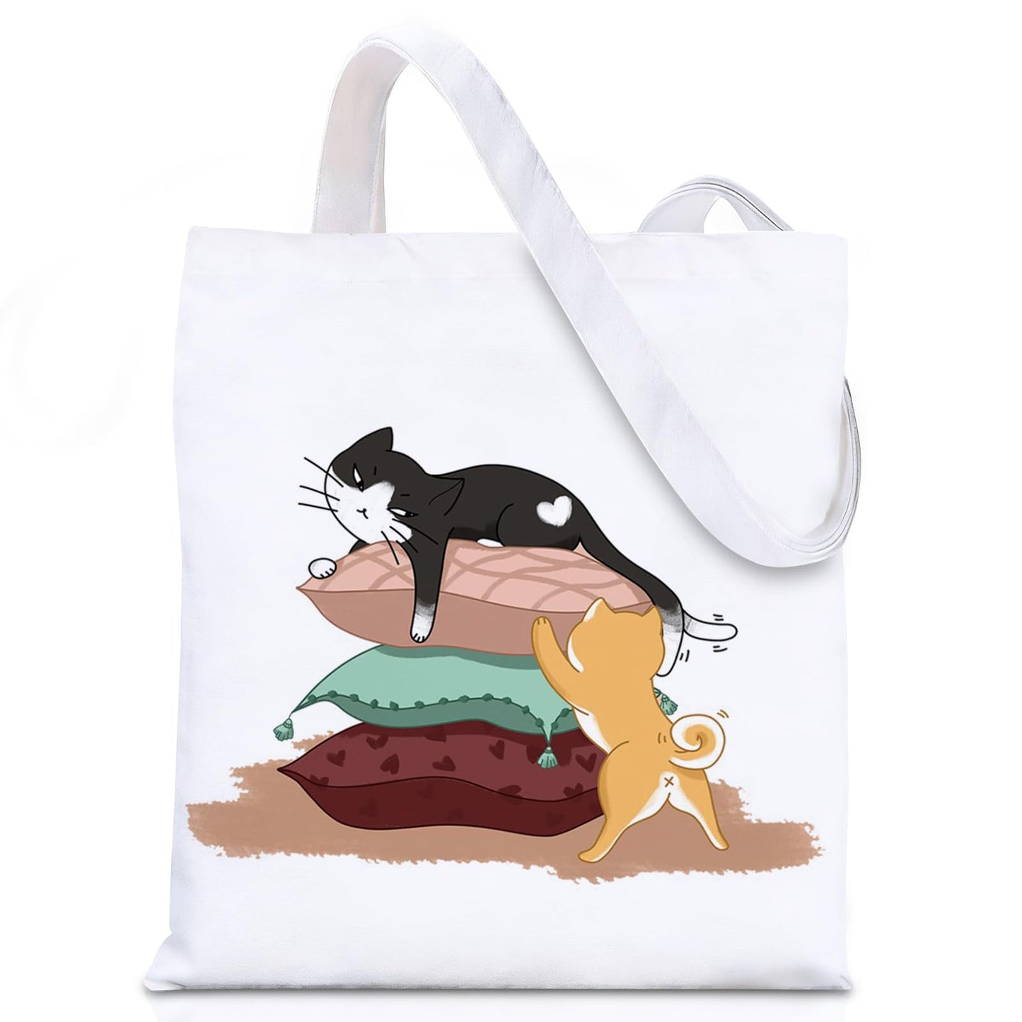 GICDSU Black Cat Cotton Canvas Tote Bag with Zipper, Reusable Grocery Bags, Beach Foldable Tote Bag for Women, Funny Totebag with Inner Pocket for Shopping Travel Gym Work