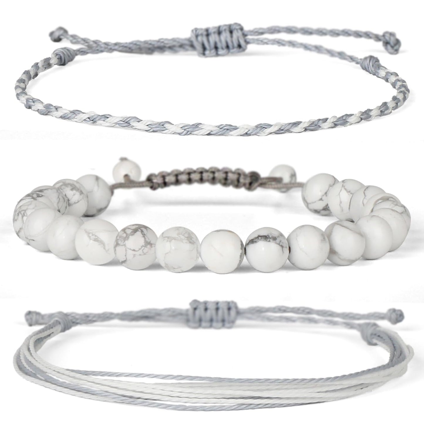 QOGIR Handmade Healing Stones Bracelet,8mm Natural White Howlite Gemstone Beads Bracelet,for Men Women Gifts with 2PCS Size Adjustable Rope Bracelets