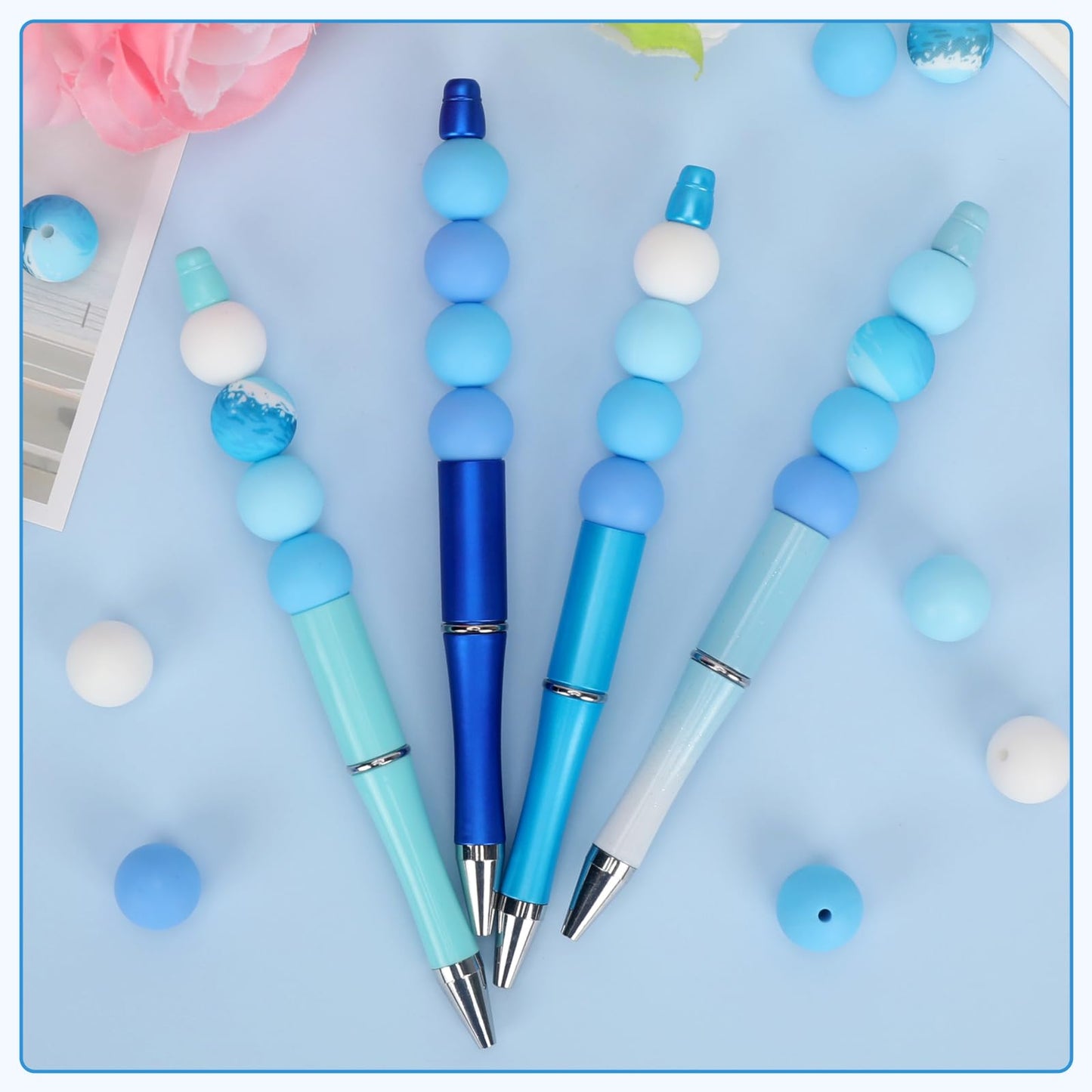 SALUOKE 100 Pcs 15mm Silicone Beads for Keychain Making, Pink Gream Silicone Beads Bulk Round for Bracelets Pens Crafts Jewelry Making (Blue White)