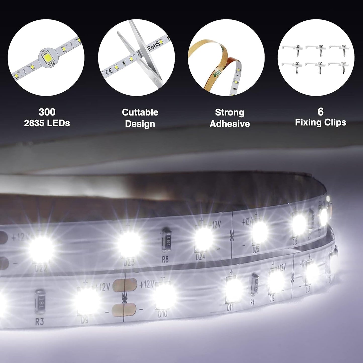 Onforu LED Light Strip,16.4ft Dimmable LED Tape Light, 6000K Daylight White Strip Lighting, 300 LEDs Flexible Vanity Mirror Light, 5M 12V Ribbon Rope Light for Bedroom, Under Cabinet,Kitchen,Christmas