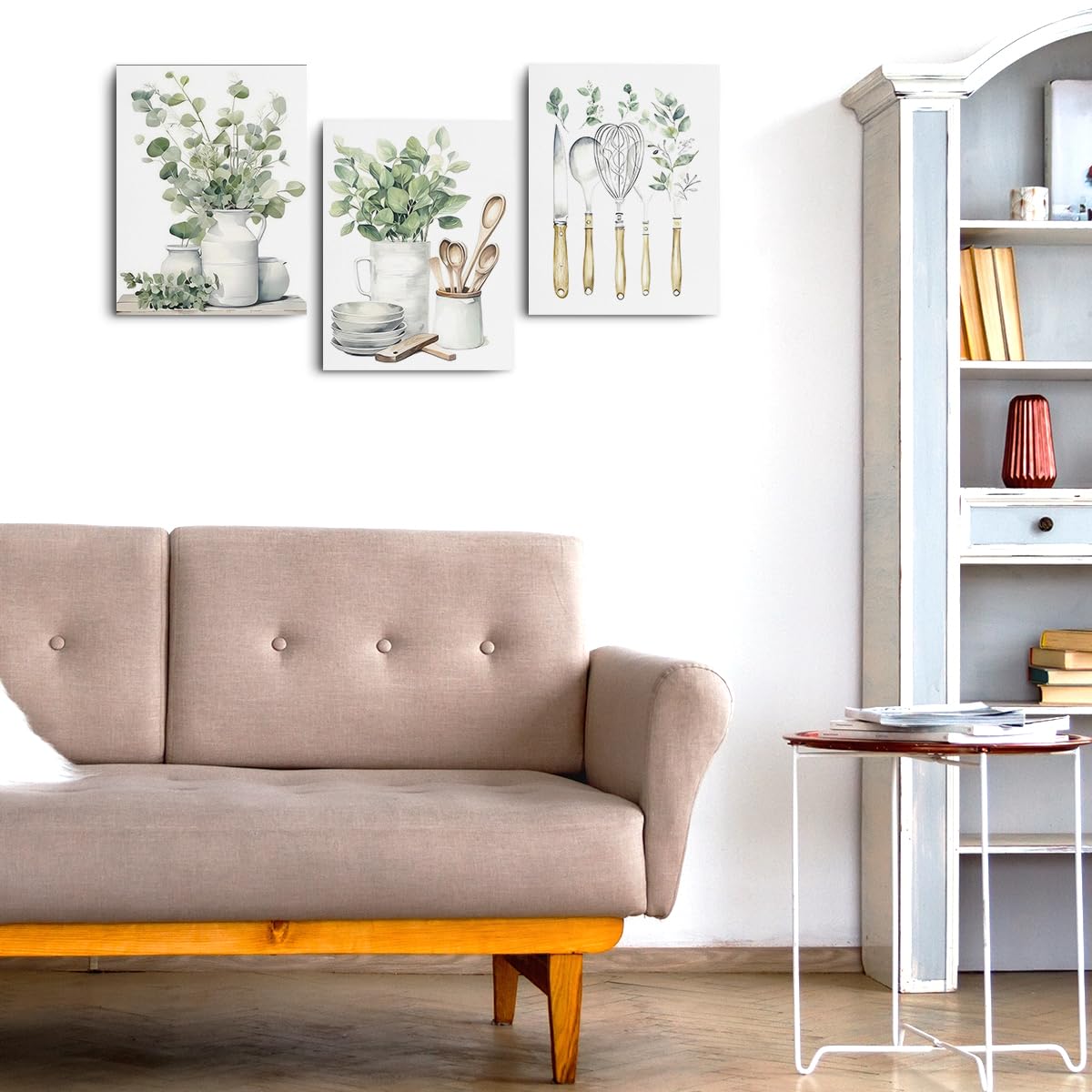 3 Pcs Botanical Plant Canvas Wall Art, Aesthetic Boho Wall Decor Framed Prints for Bedroom Living Room Decor, Sage Green Eucalyptus Leaf Tableware Prints for Office, Housewarming Gifts 11.5x15 Inch