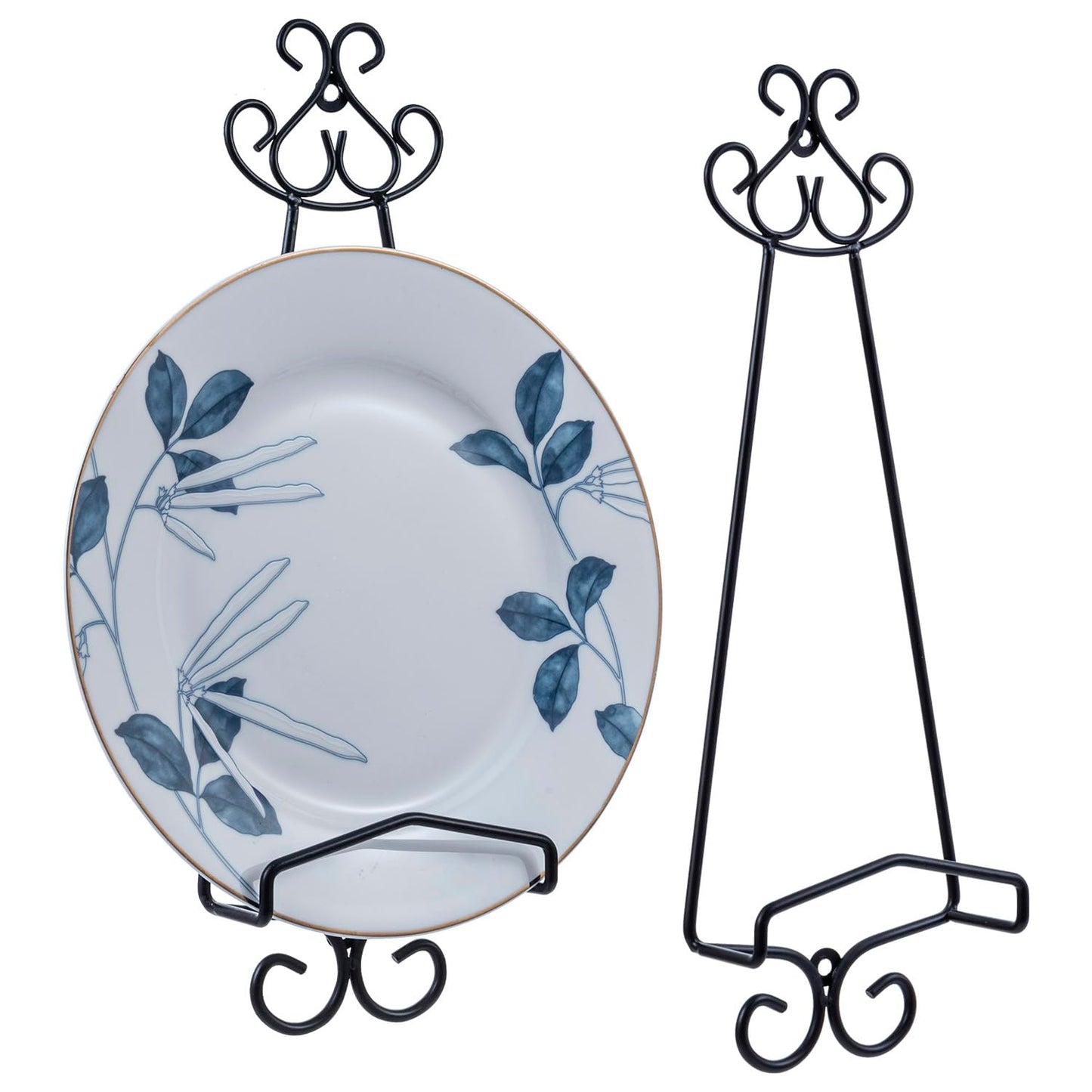 MyGift Set of 2 Vertical Hanging Collectible Plate Holders, Wall Mounted Matte Black Metal Wire Vintage Scrollwork Display Racks, Holds 8 to 11 Inch Plates