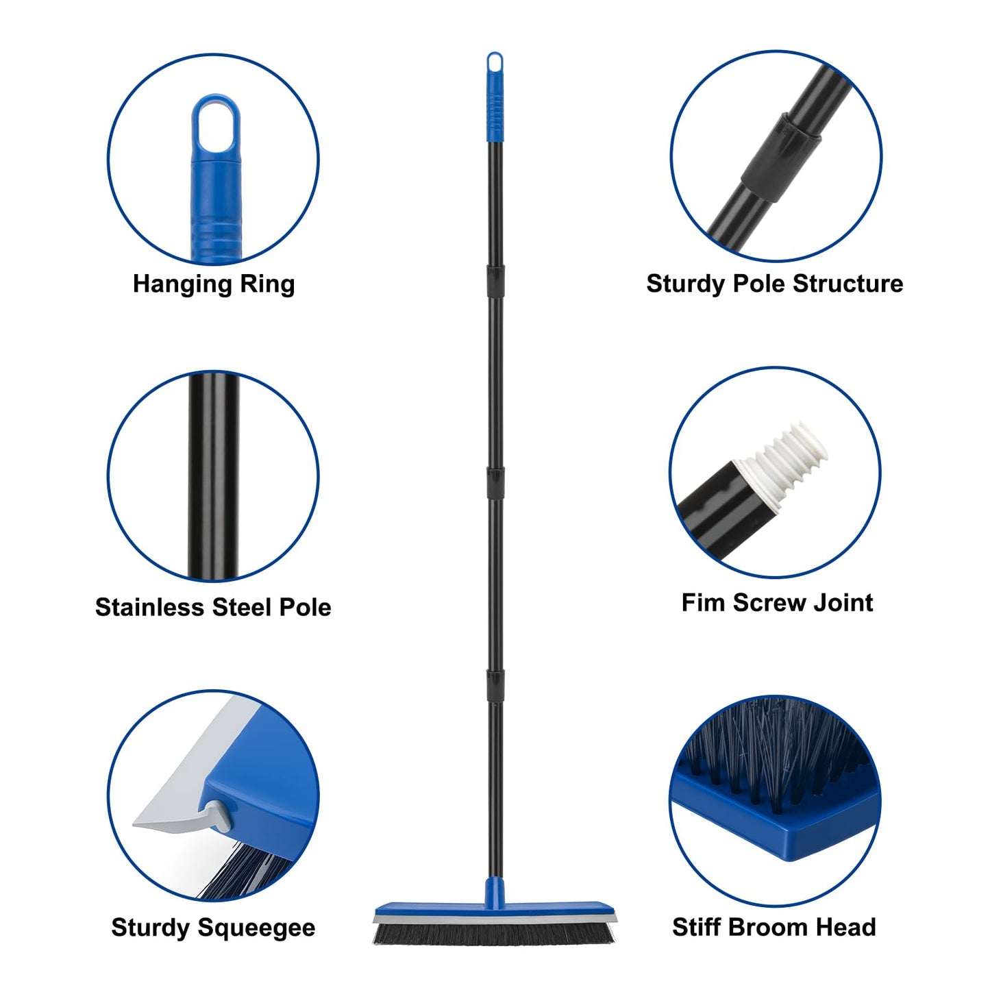 16 Inch 2-in-1 Squeegee Push Broom Outdoor Deck Brush 58" Long Handle for Patio Garage Warehouse Driveway Concrete Floor Cleaning Scrubbing(Blue)