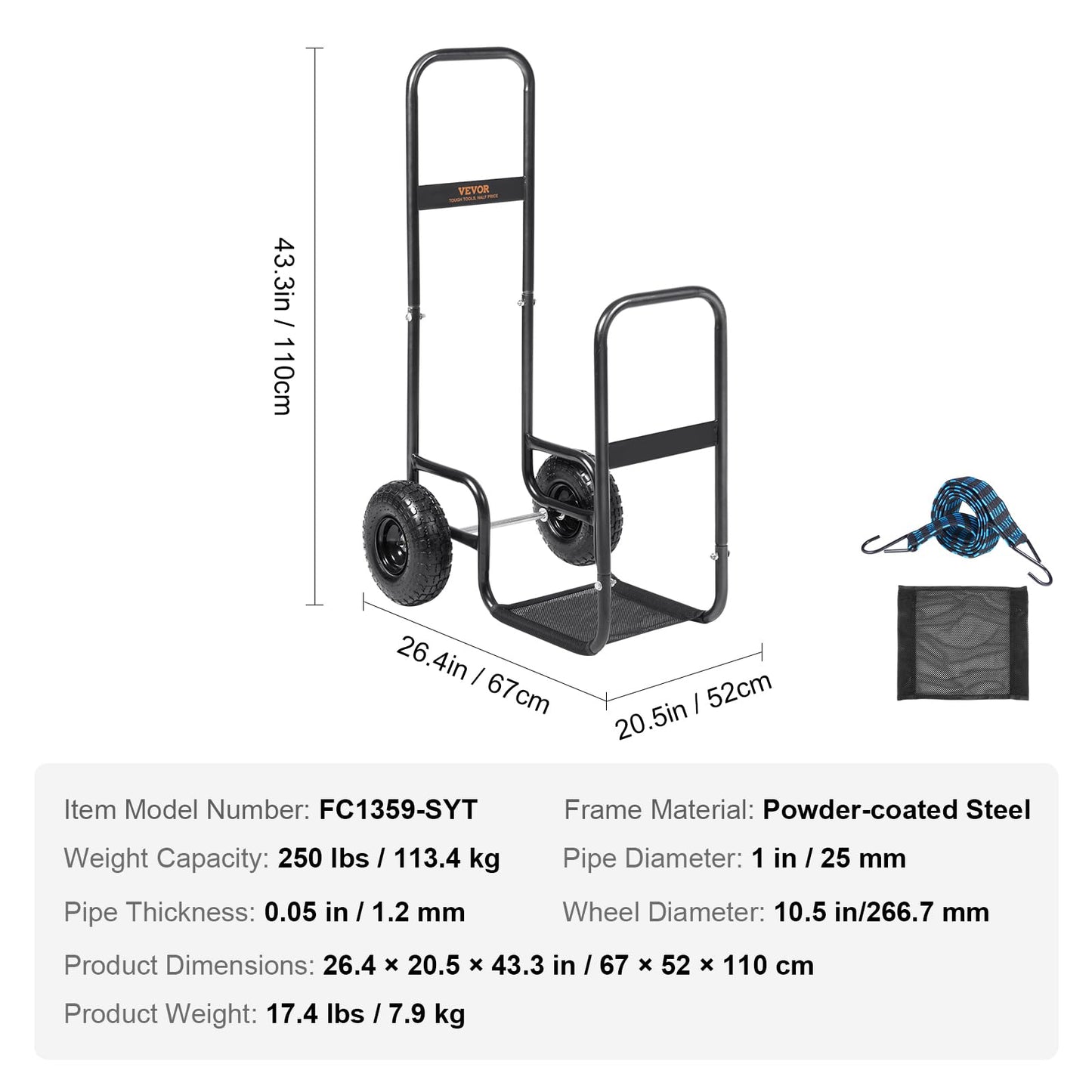 VEVOR Log Cart 250 lbs Load Capacity, Outdoor and Indoor Wood Rack Storage Mover with Pneumatic Rubber Wheels, Heavy Duty Steel Dolly Hauler, Firewood Carrier for Fireplace, Fire Pit, Black