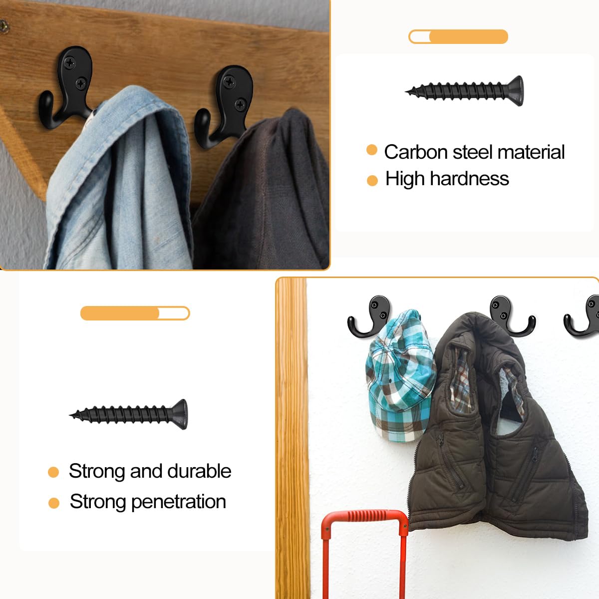 CBWLWJ 10 Pack Coat Hooks Wall Hooks for Hanging, Heavy Duty Double Prong Metal Hook Wall Mounted for Living Room, Bathroom, Kitchen, Bedroom for Coat, Bag, Scarf, Towel, Hat, Key, Cup (Black)