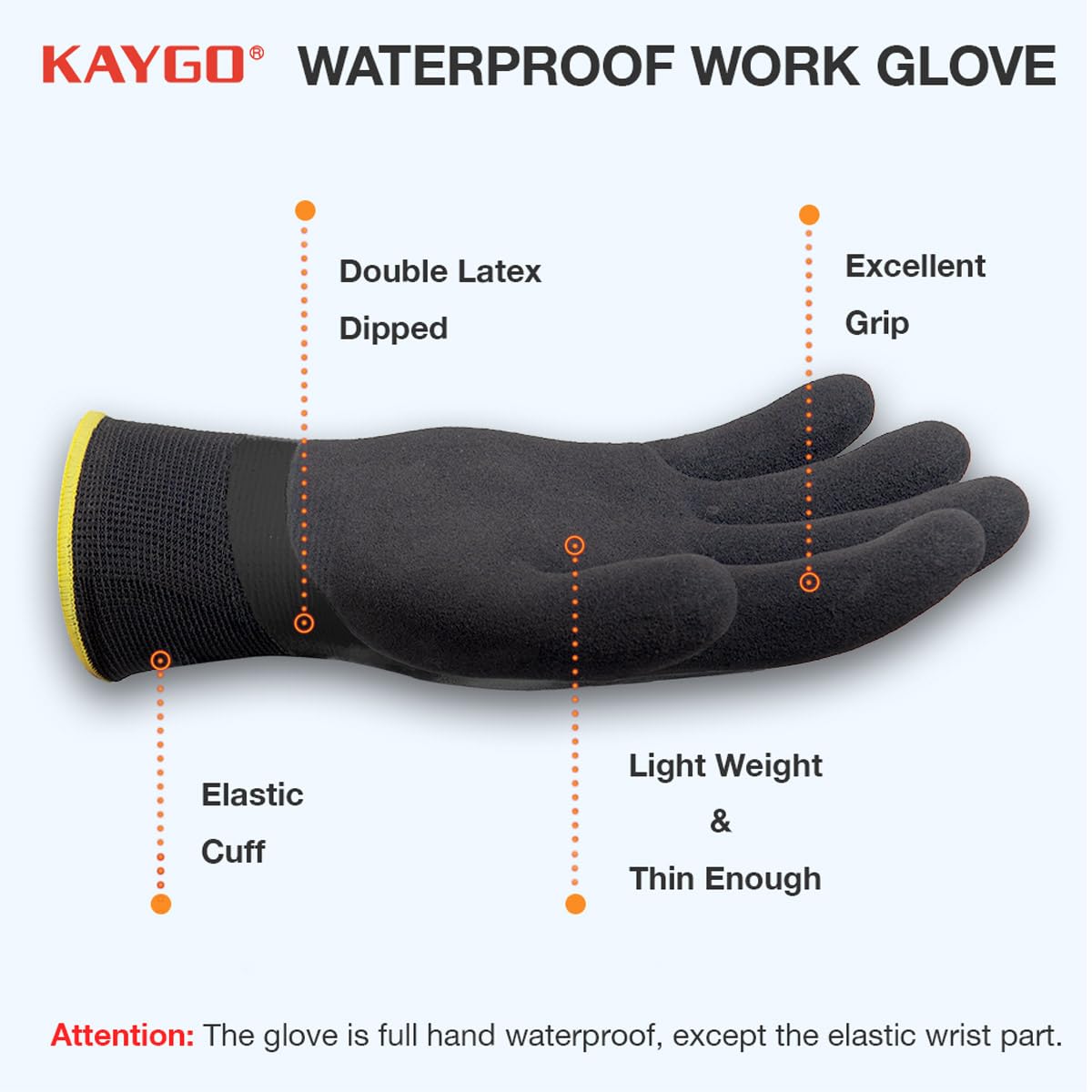 KAYGO Waterproof Work Gloves for Men and Women, Rubber Coated Non-slip Working Gloves for Garden, Outdoor Construction,KG150,Black,XL