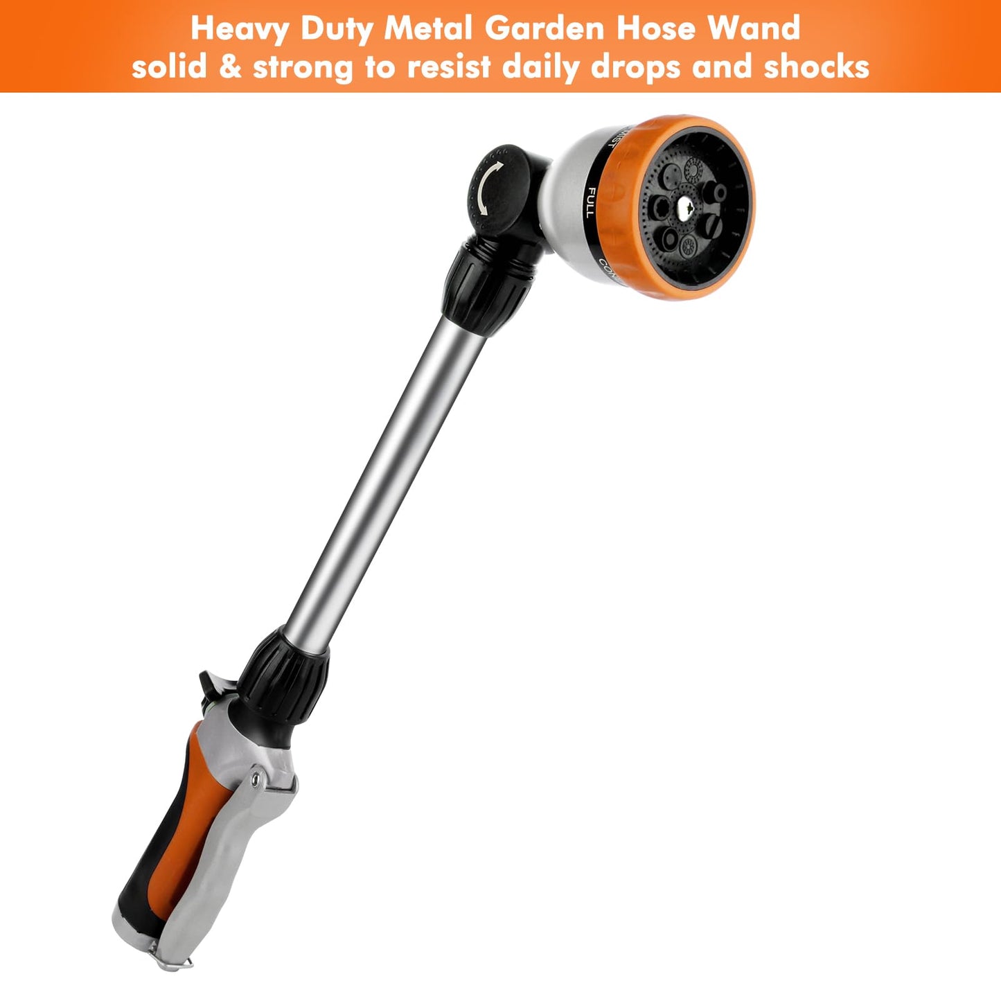 RESTMO Metal Watering Wand, Heavy Duty Garden Hose Wand with 180° Swivel Ratcheting Head, 16'' Hose Nozzle Sprayer with 7 Spray Patterns and Flow Control, for Water Hanging Baskets and Shrubs, Orange