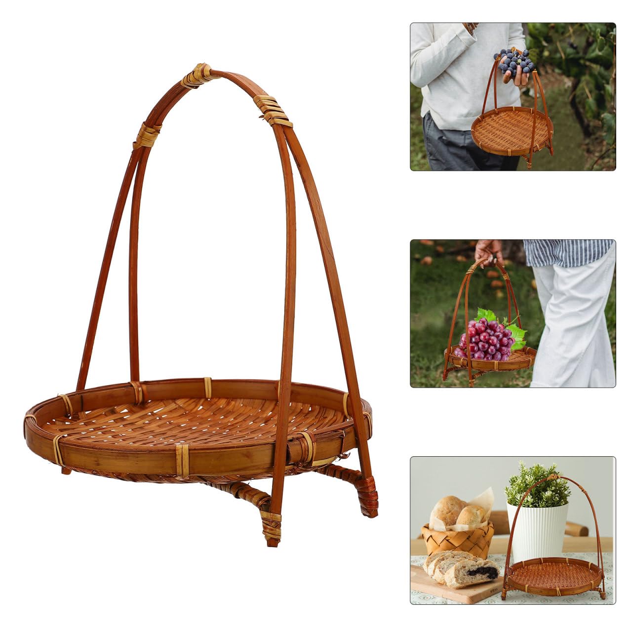 LABRIMP Bamboo Woven Basket with Handle 8.66X7.48X7.48In Rustic Snack Stand Fruit Dessert Organizer for Kitchen Countertop Storage and Party Display