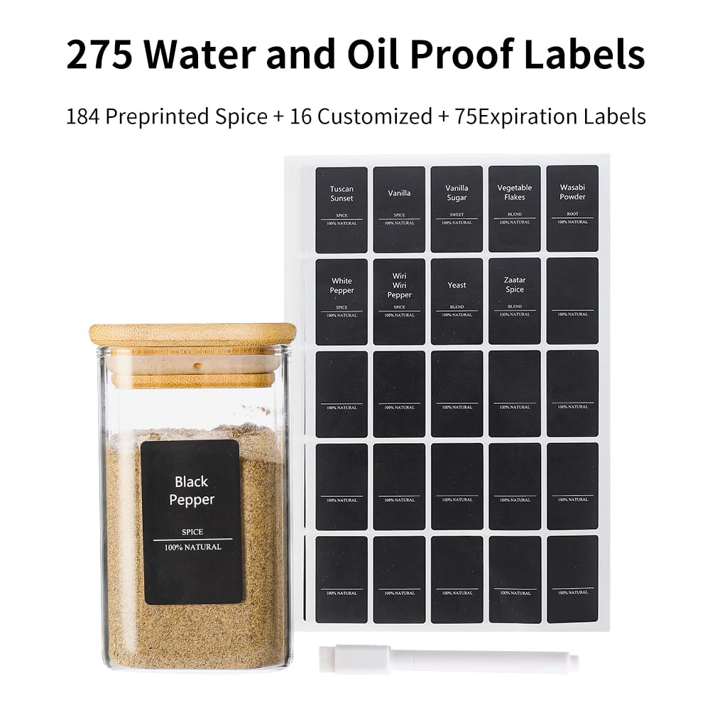 Homtop 16Pcs 9oz Spice Jars Glass Container with 275 Labels, Airtight Seasoning Empty Organizer with Bamboo Lid Set for Pepper, Salt, Sugar
