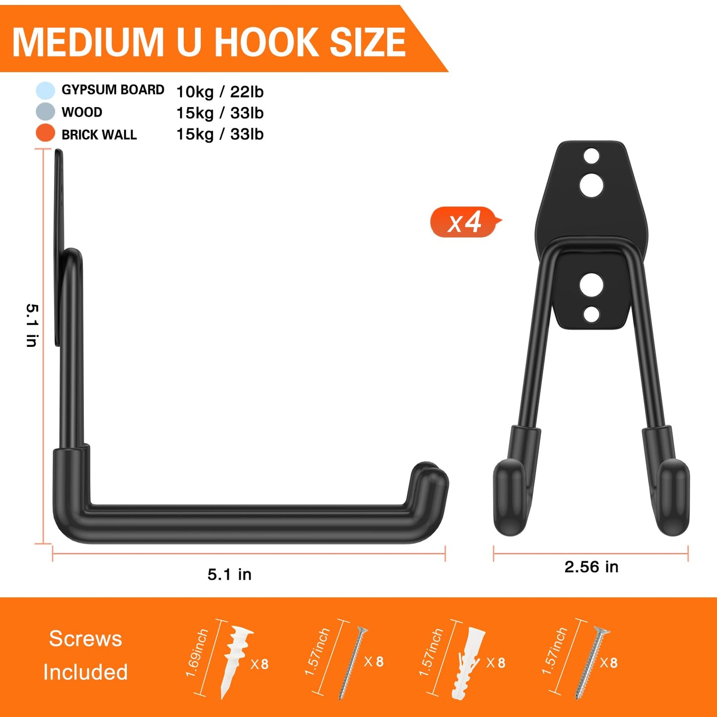 HUPBIPY Heavy Duty Garage Hooks 4 Pack, 5.1 inch Medium U Shaped Hanger, Wall Mounted Storage System, Power and Garden Tool Organizer, for Hanging Ladders, Hose, Bulk Items and More