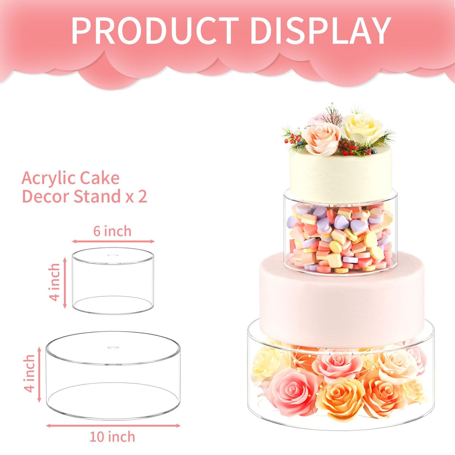NPPLUS 2PCS Acrylic Fillable Cake Stand Cake Riser Cake Tier, Round Cylinder Display Riser Display Box, Decorative Centerpiece for Wedding Birthday Party (10" Dx4 H inch, 6" Dx4 H inch)