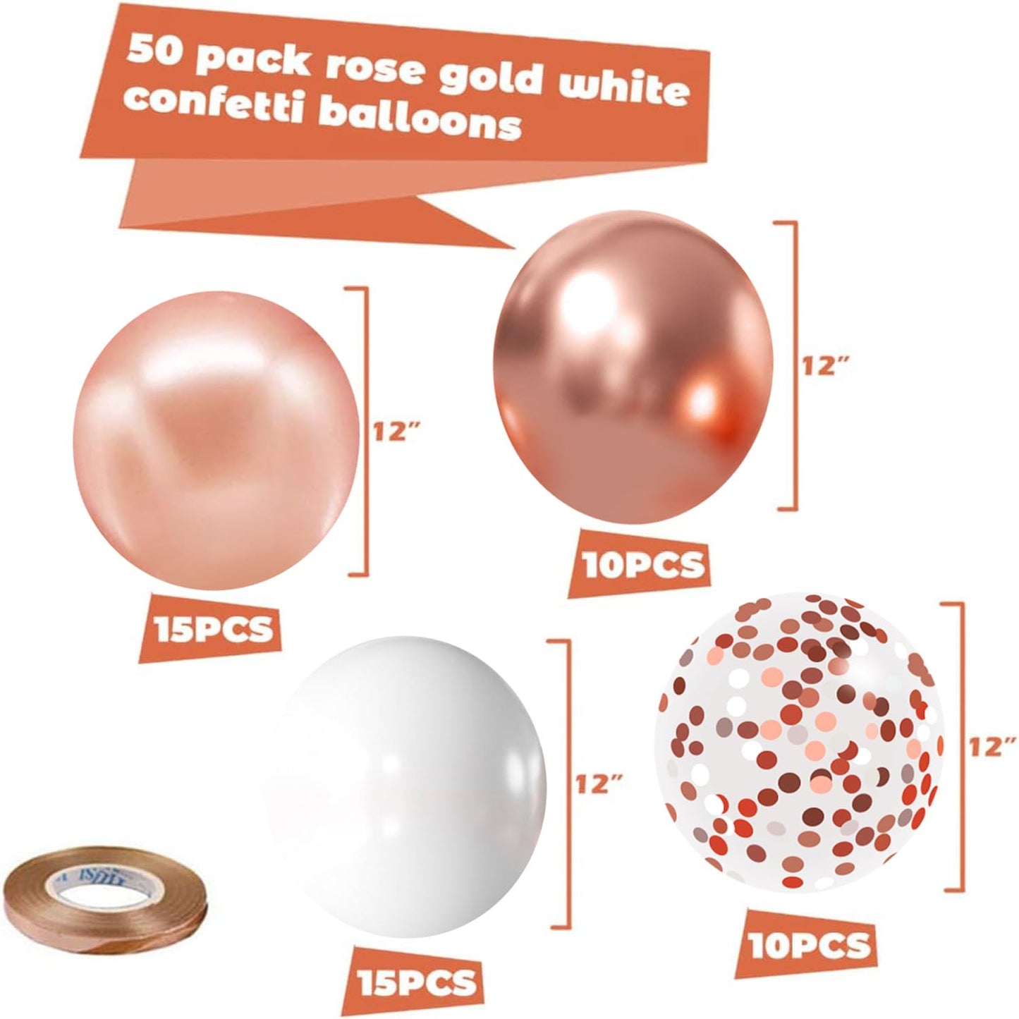 Zesliwy 50pcs Party Balloons Rose Gold Balloons, Rose Gold Metallic White Balloons with Confetti Balloons for Birthday Party Wedding Graduation Anniversary Bridal Shower Decorations