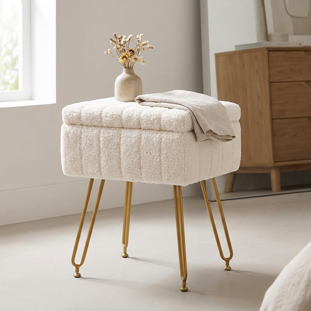 CLICKBIN 16" Teddy Fabric Storage Ottoman, Plush Vanity Stool with Hidden Storage for Bedroom, Living Room, Beige