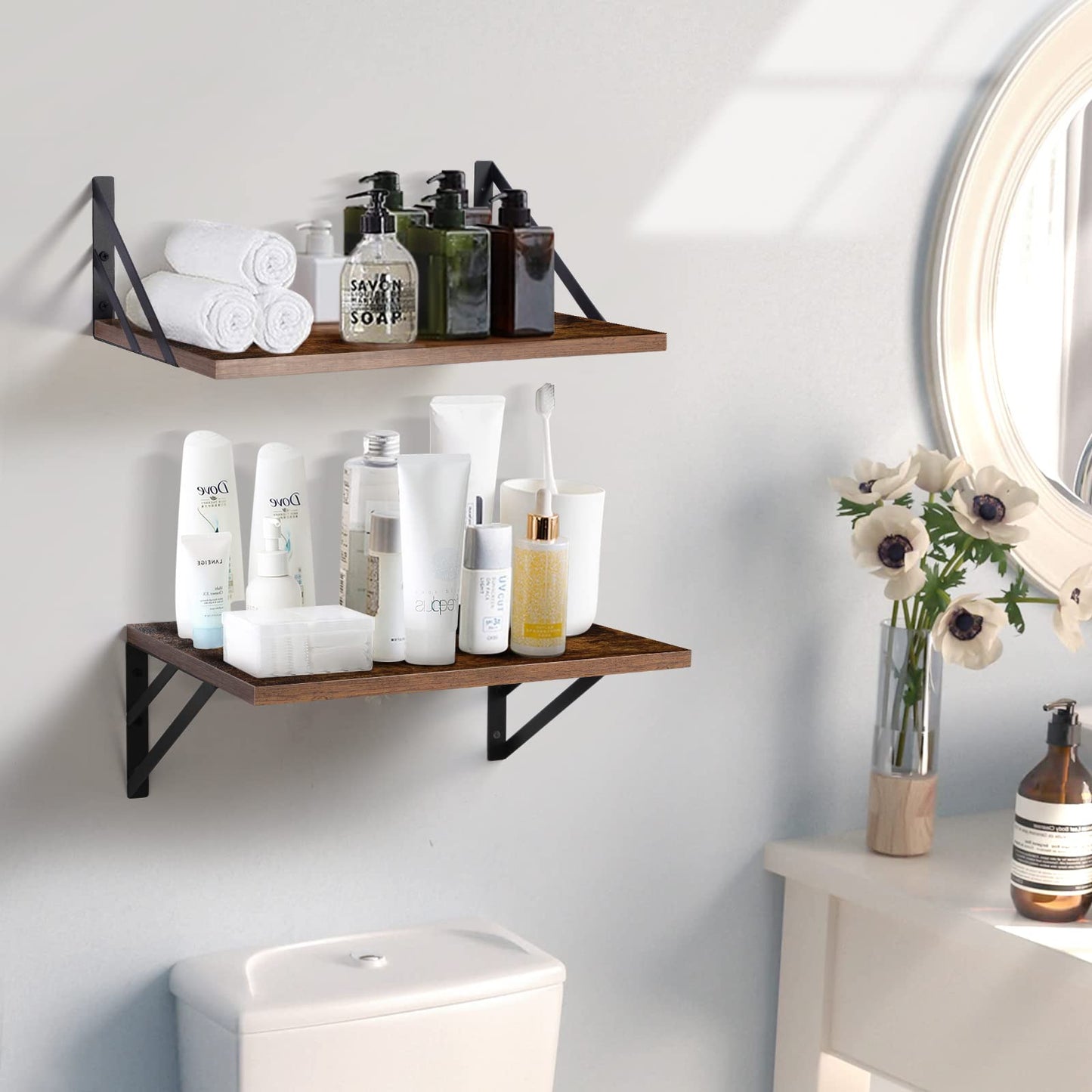 Tectocker-DOU 2 Pc Deep Floating Shelves ; Wall Mounted Hanging Shelves for Living Room, Kitchen, Office, Bathroom and Bedroom Decor; Storage and Display Shelf Set (Brown, 16W×12D)
