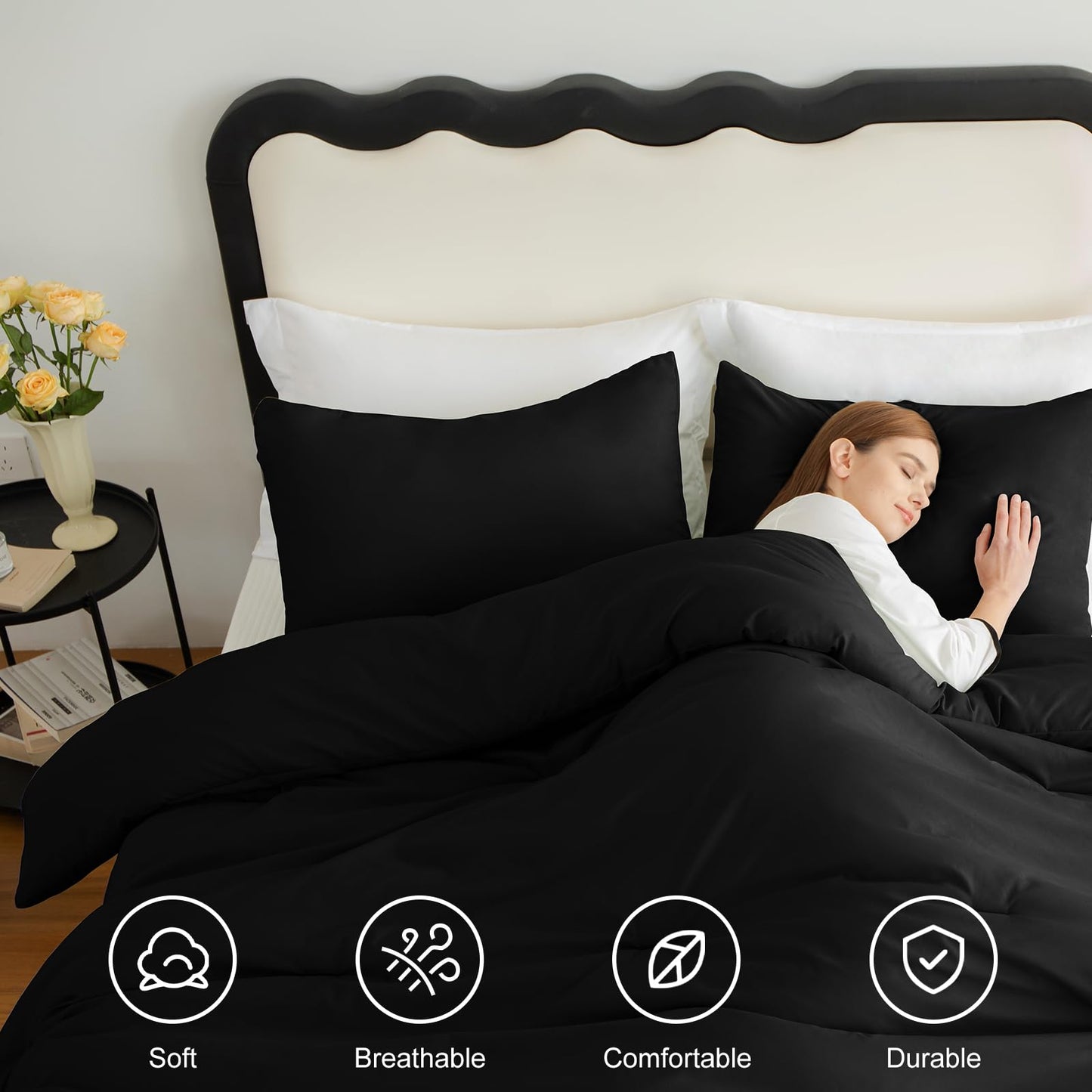 CozyLux Queen Comforter Set Black, 3 Pieces Solid Comforters Queen Size Breathable Quilted Bedding Sets, Luxury Soft Microfiber Down Alternative Comforter for All Season (1 Comforter & 2 Pillowcases)