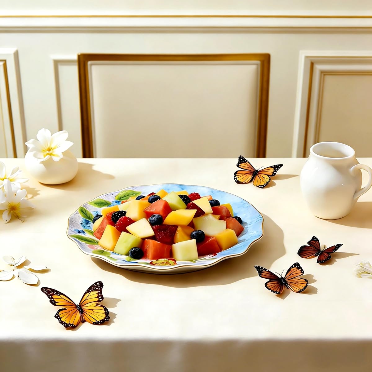 Handmade Relief Painted Ceramic Plates with Lifelike Floral & Butterfly Patterns, Smooth Glossy Decorative Serving Plates for Salads, Snacks, Fruits & Appetizers, Warm Cozy Home Dining Ambiance