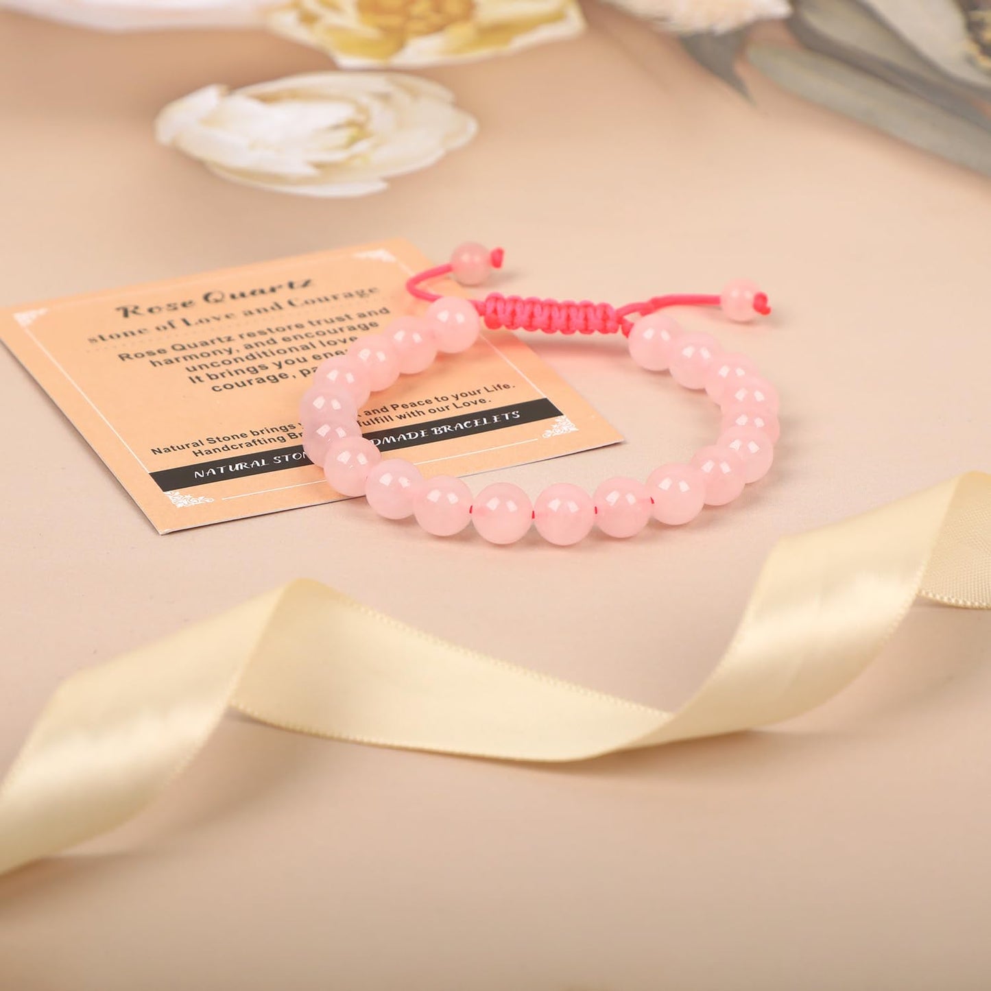AD Beads 8mm Rose Quartz Bracelet - Stone of stone of Love and Courage - Handmade Natural Stone Crystal Bracelet with Adjustable Macrame String - Yoga Healing Power Energy Gifts for Men and Women
