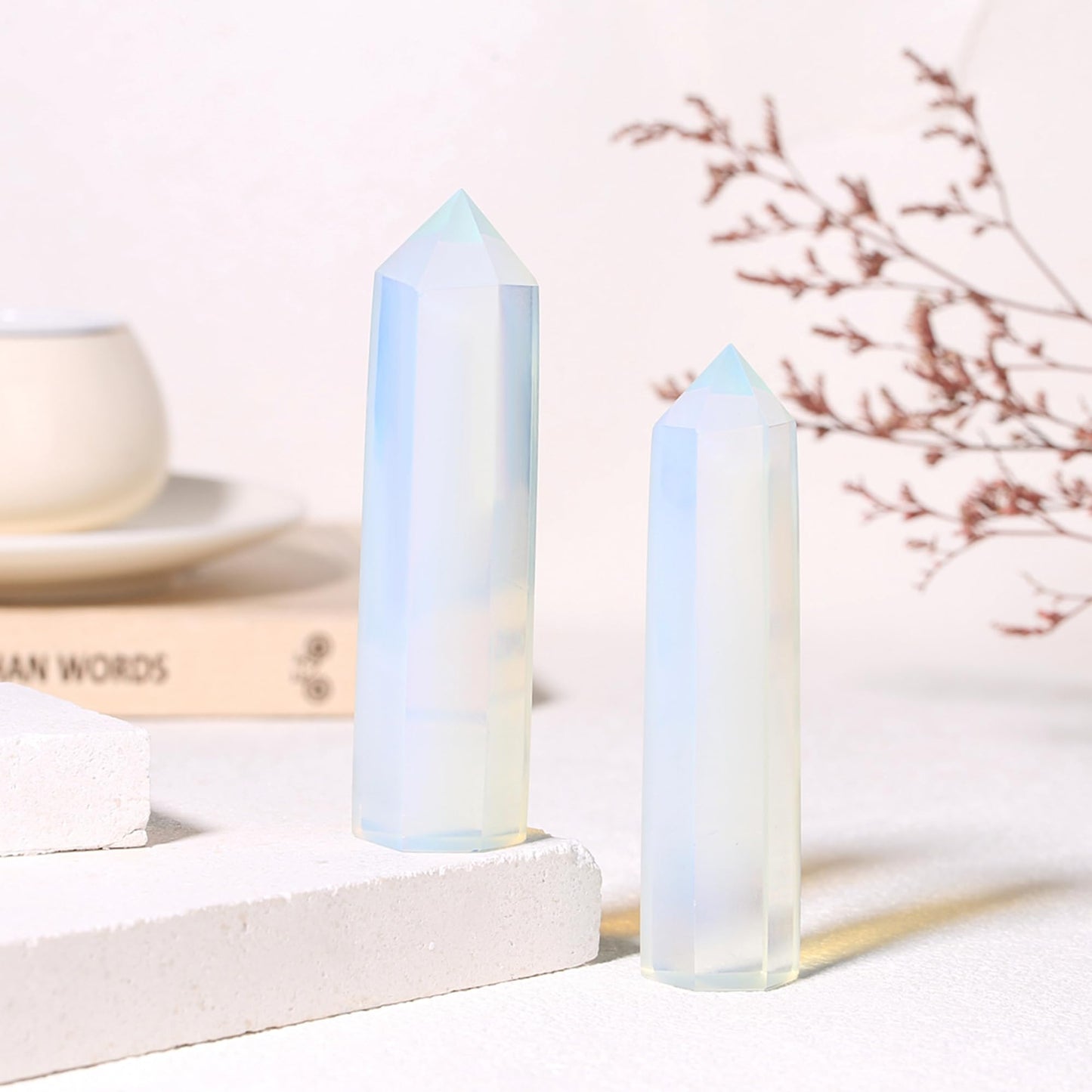ZHIYUXI 3.7-4" Opalite Gem Opal Stone Moonstone Crystal Wand Hexagonal Pointed Healing Crystals Tower Stone 1 Pc Large Crystals Gemstones Reiki Energy Balancing Meditation Therapy Decoration Gifts