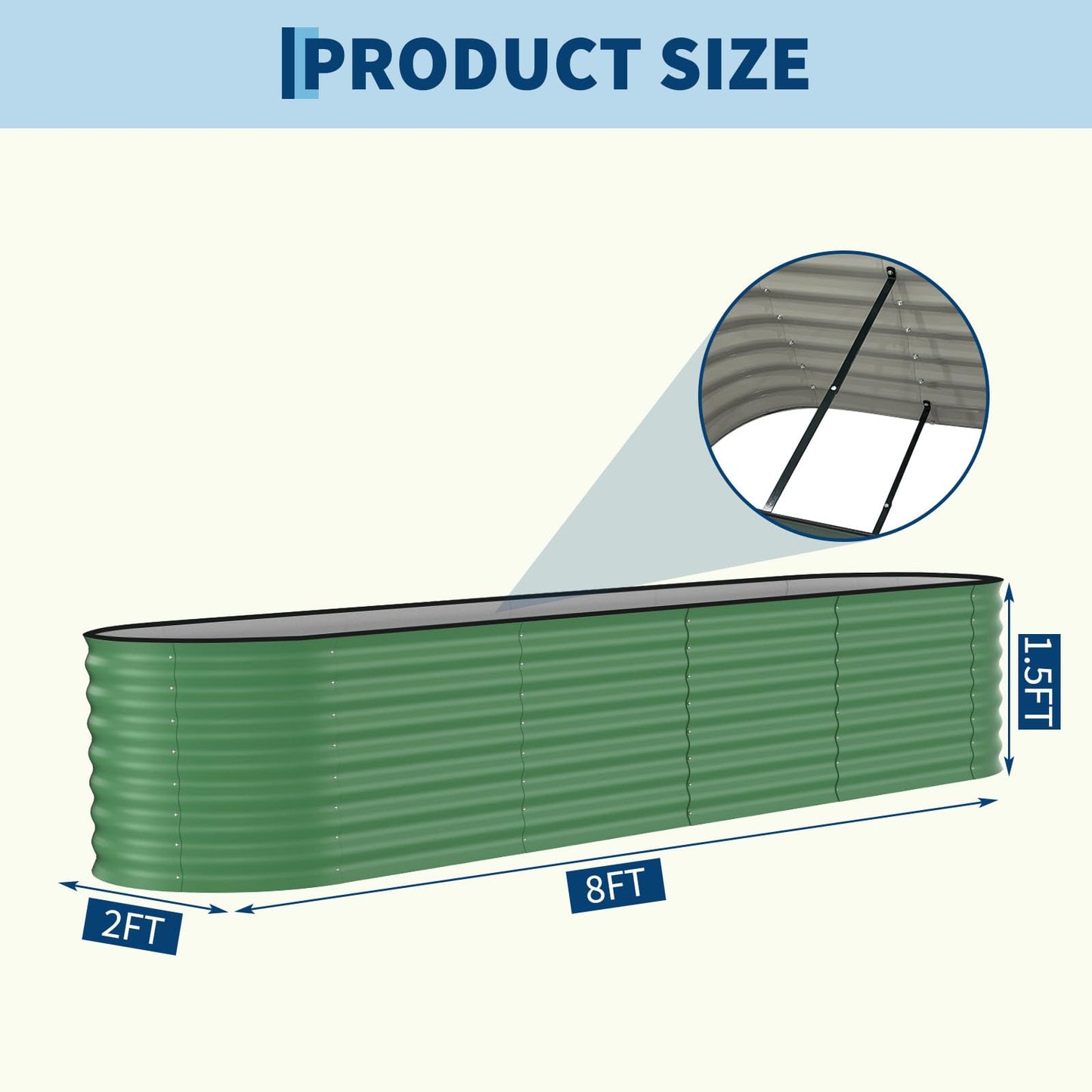 Garvee 8x2x1.5ft Galvanized Raised Garden Bed, Oval Metal Planter Box with Anti-Cut Safety Edges, 179 Gallons Rust-Resistant Deep Root Planter for Outdoor Vegetables, Flowers, Herbs, Green