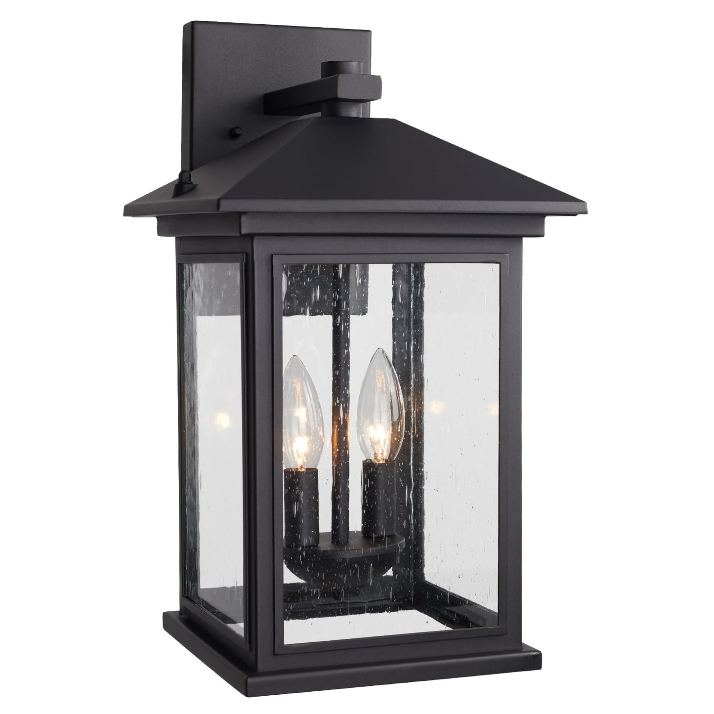Treekee Outdoor Wall Light Fixtures, 16 Inch Waterproof Square Lanterns, 2-Light Exterior Porch Sconces Lighting with Seeded Glass Shade, Modern Black Lamps for Patio Front Door Entryway