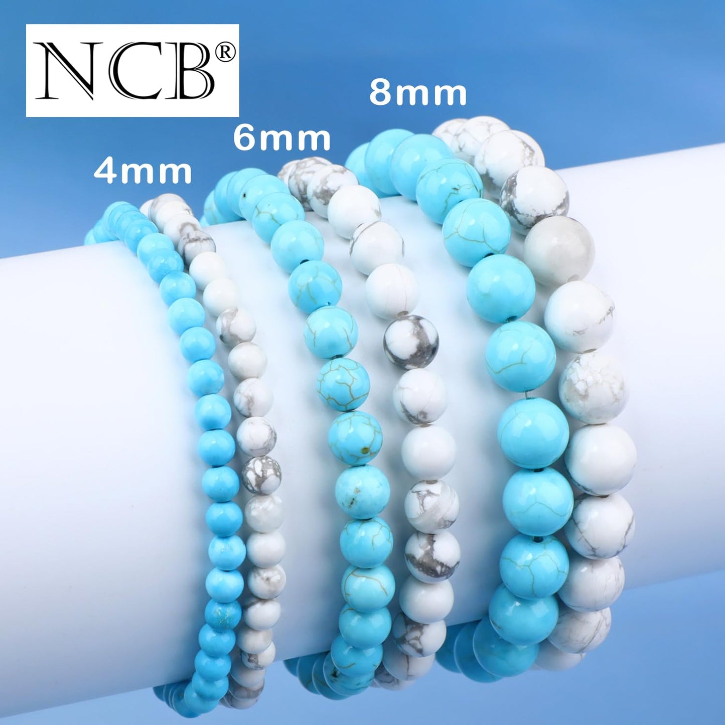 NCB 2-Piece 8mm Natural Crystal Gemstone Stretch Bracelets – ﻿Blue Turquoise, Howlite Handmade Reiki Energy Healing Jewelry for Meditation,Yoga, Unisex