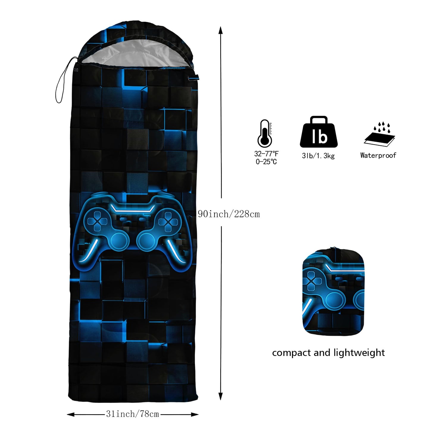 Axolotl Gamepad Sleeping Bag,3 Season Warm and Cool Weather Game Console Sleeping Bag for Boys Teens,Waterproof Lightweight Geometry Hexagonal Sleeping Bag for Traveling,Outdoors Camping,Blue,Black