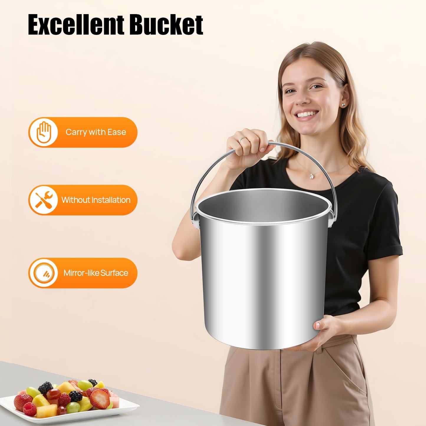 5 Gallon Stainless Steel Bucket with Hanging Lid, Food Grade 304 Metal Pail for Storage, Commercial Kitchen, Pet Food, Cleaning - 1.6mm Thick, Mirror Finish (5 Gal)