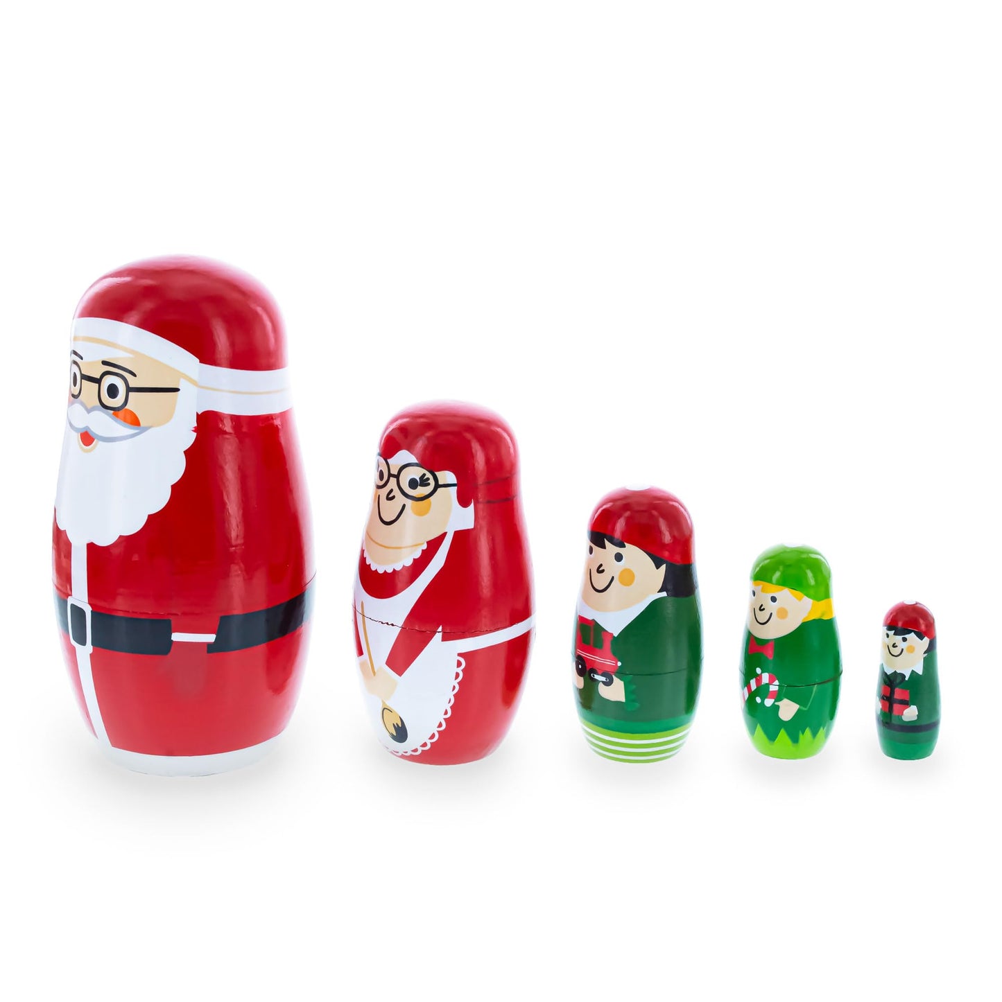 BestPysanky Set of 5 Santa, Mrs. Claus, Elf & Snowman Wooden Nesting Dolls 4.75 Inches