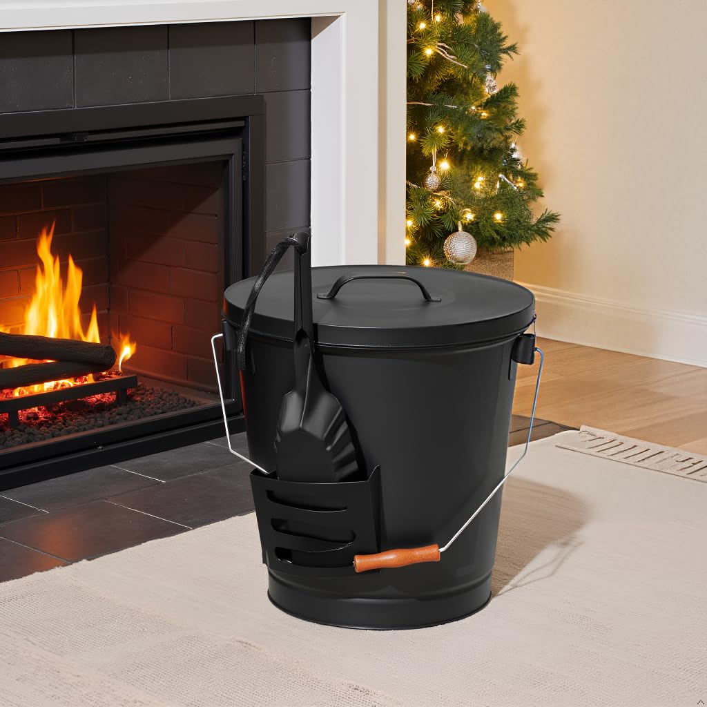 F2C 5.5 Gallon Large Ash Bucket with Lid and Shovel Fireplace Tool Set,Galvanized Metal Coal and Hot Ash Pail for Fireplace, Fire Pits, Wood Burning Stoves, Grill, Outdoor,Home Black
