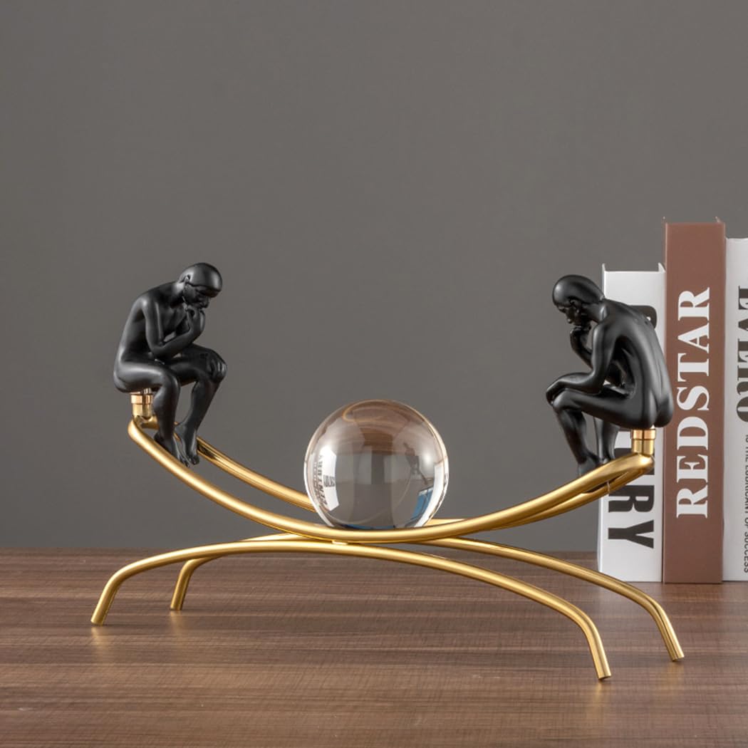 FUNSXBUG The Thinker Statue Thinking Man Statues with Crystal Ball Sculptures Collectible Figurine Home Decor Living Room Decoration Black