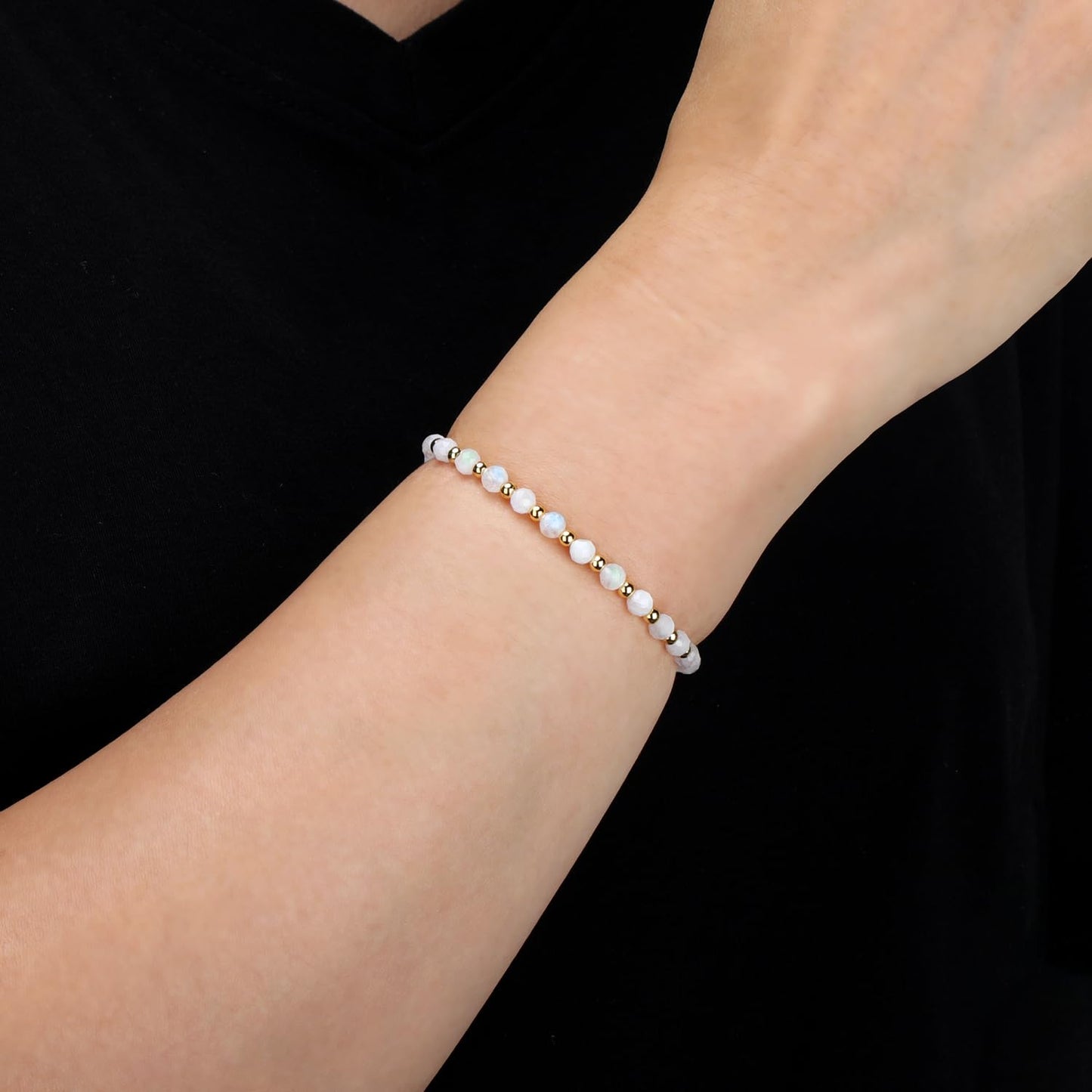 QOGIR Moonstone - New Beginnings - 14K Gold Plated Beads Natural Gemstone Stretch Elastic Dainty Healing Beaded Bracelets Gifts 4mm