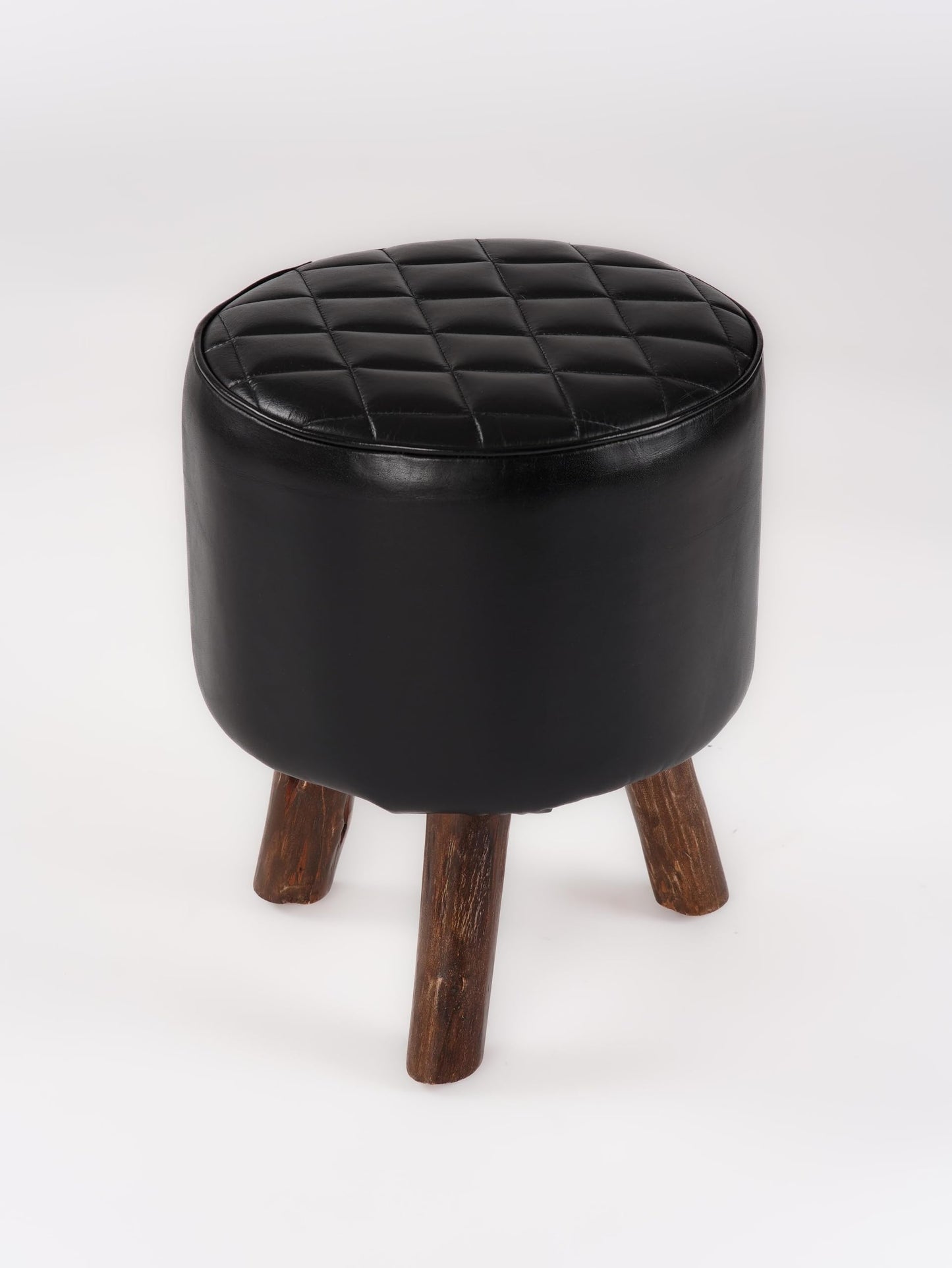 Handmade Eco-Friendly Geometric Buffalo Leather & Wood Black Round Ottomon Stool 18"X14"x14" from BBH Homes