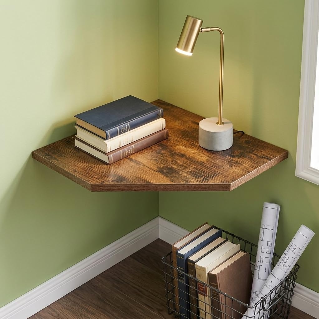 SUYU Set of 3 Floating Corner Shelves, 11.8" Rustic Wood Corner Shelf Wall Mounted, L-Shaped Corner Wall Shelf for Bathroom, Bedroom, Living Room, Kitchen, Office Organizer, Rustic Brown
