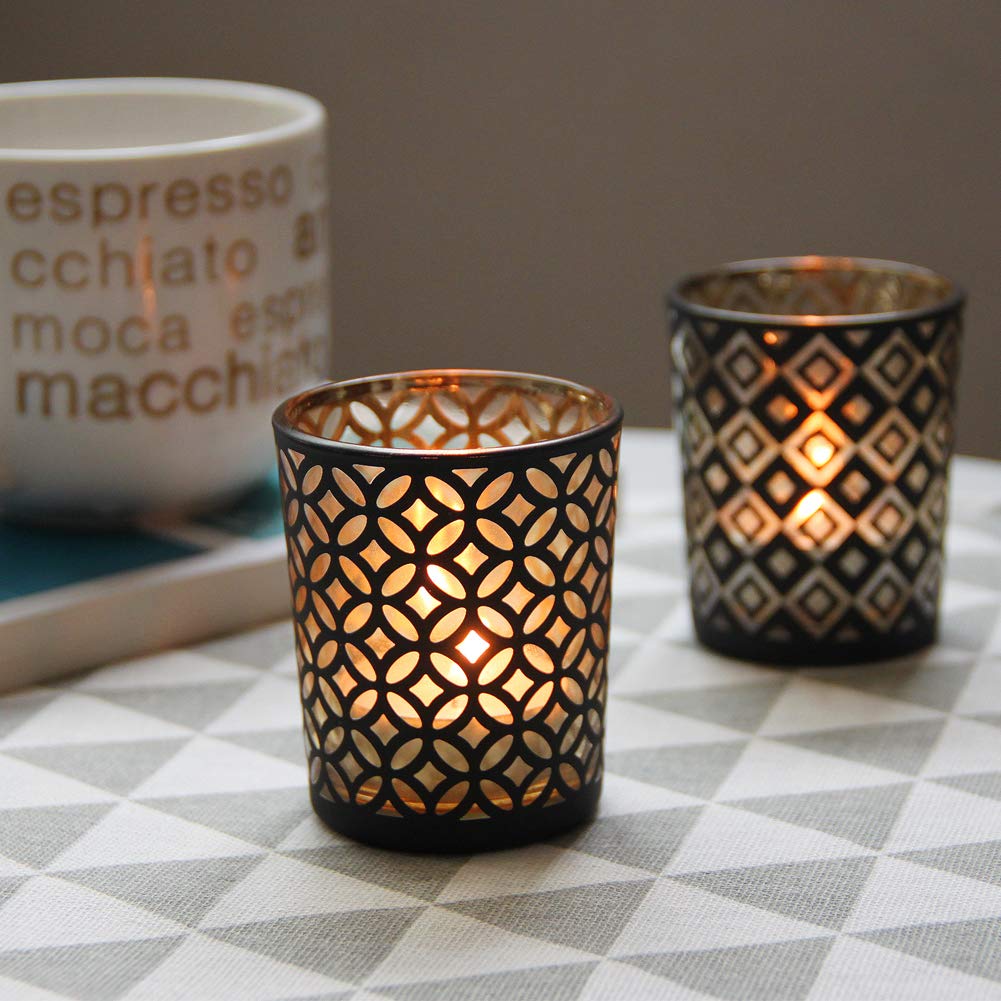 SHMILMH Black Gold Glass Votive Candle Holders Set of 12, Tealight Candle Holder with 4 Patterns for Ramadan Decorations, Eid Mubarak, Wedding Centerpiece, Modern Home Table Decor, Gift Set