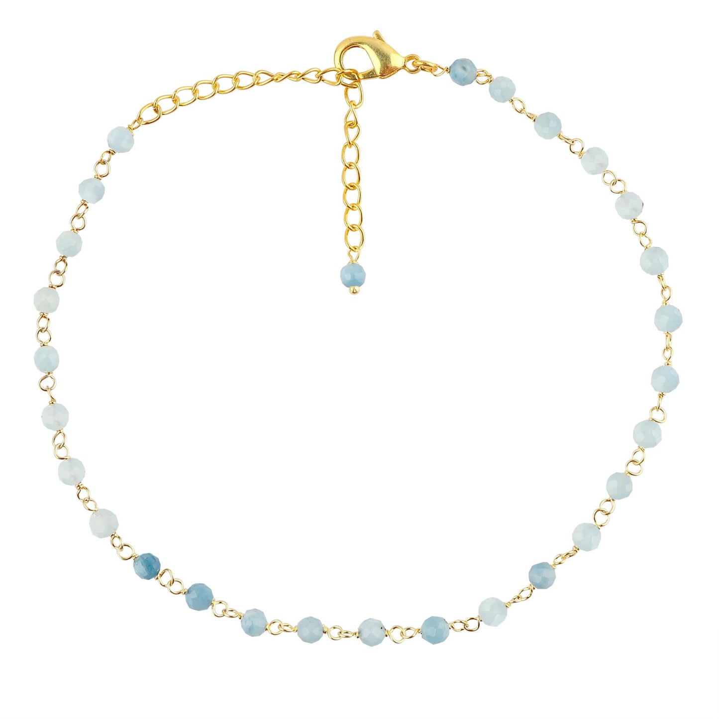 JOR Natural Aquamarine Beaded Rosary Anklet, Handmade Craft, Anklet Beads Bracelet, Chakra Healing Anklet, Gemstone Women Jewelry, Dainty Gold Plated Anklet 9 inch + 1.5 inch (1pcs)