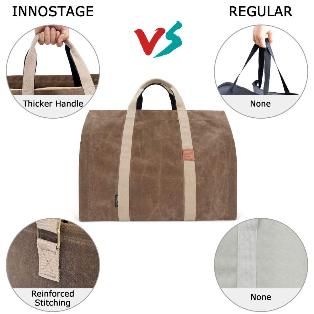 INNO STAGE Free-Standing Firewood Log Carrier Bag - 22 oz Thickened Waxed Canvas Fire Wood Holder Tote with Adjustable Shoulder Strap and Soft Handles for Camping or BBQ Barbecue Dark Khaki