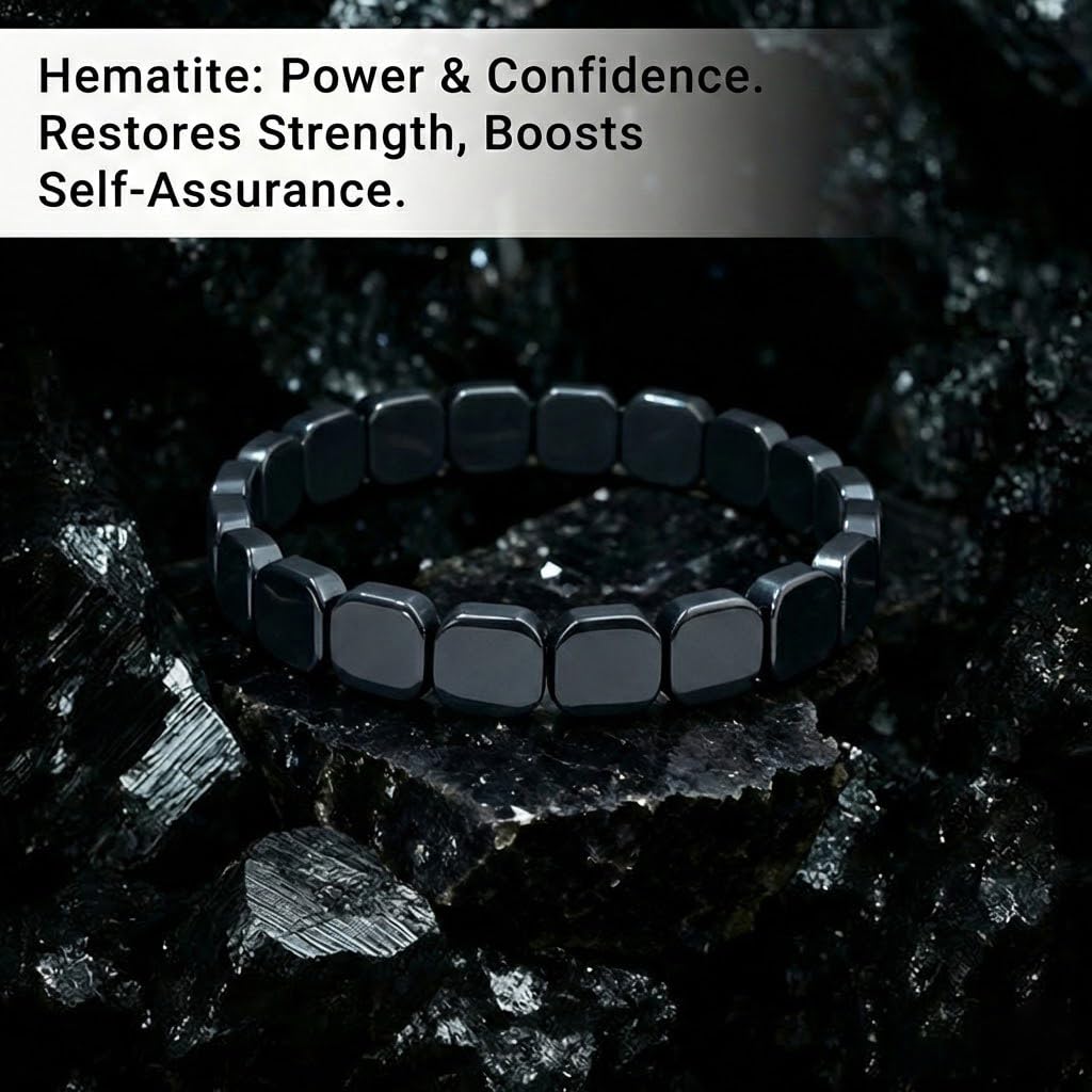 Jingming keji Mens Real Hematite Bracelet 7.8 inch - Natural Stone Square Beaded Black Jewelry with Strong Double Elastic Cord Wellness Power Bracelet with Gift Box