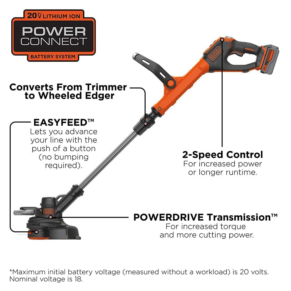 BLACK+DECKER 20V* MAX String Trimmer and Edger, EASYFEED Weed Wacker, 12 Inch Cutting Width, 2 Speed Control Weed Eater, (1) Battery and Charger Included (LSTE523)