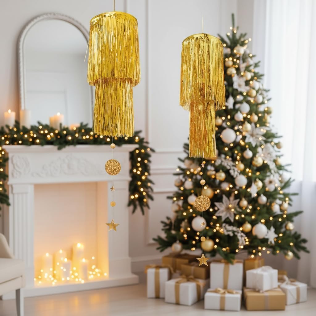 Cheerland Gold Tinsel Chandelier Mothers Day Party Decor 2 Tier Haning Fringed Circle Star Garland for Graduation Birthday Anniversary Bridal Shower Wedding Ceiling Best Mom Day Decorations Supplies