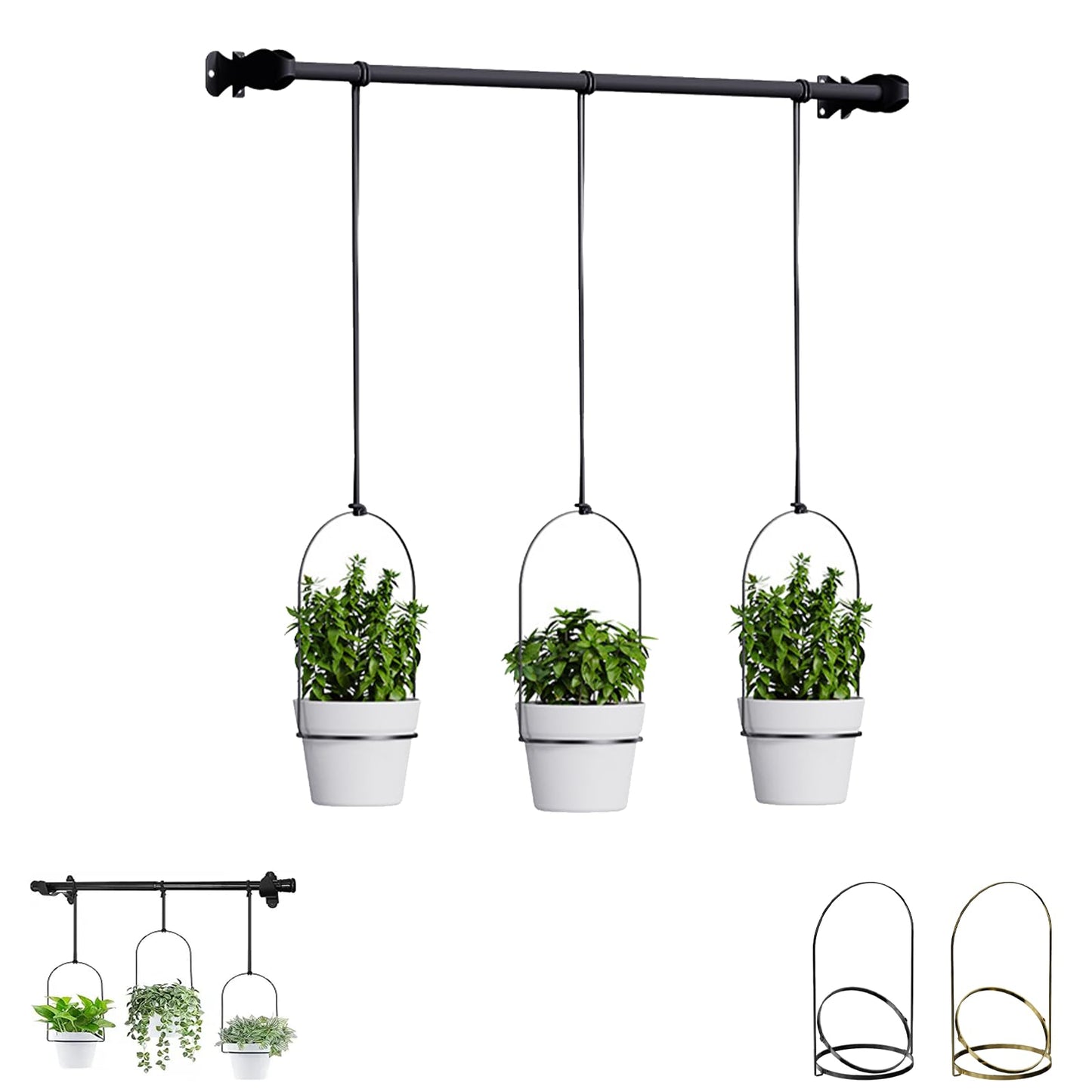 Hanging Flower Pots Set of 3, Indoor/Outdoor Plant Holder with Rod & Chain, Window Herb Garden Planter Shelves - Space-Saving Wall Mounted Pot Set for Succulents, Vines & Flowers (Black)