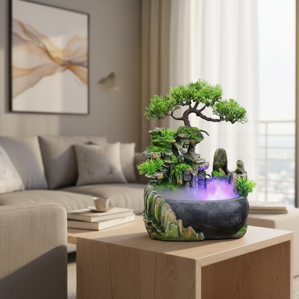 Rockery Stream Tabletop Fountain, Zen Meditation Indoor Waterfall Feature with Automatic Pump and Switch, Desktop Fountain for Home Office Bedroom Decoration (A)
