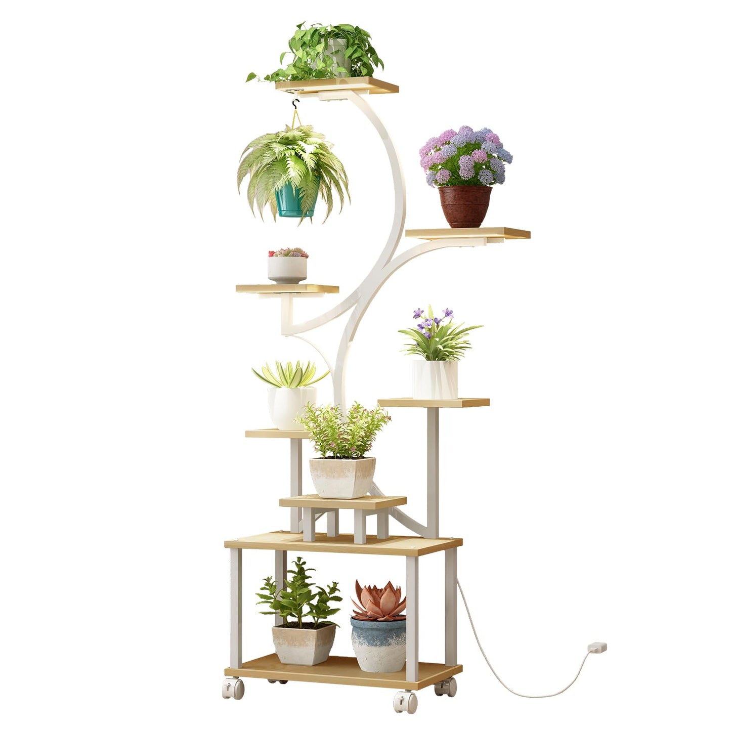 AJLDN Plant Stands Shelf Indoor with Grow Lights - 62in Tall 8 Tiered Plant Holder, S-Shaped Corner Shelf for Living Room, Large Flower Stand for Indoor Plants,Natural