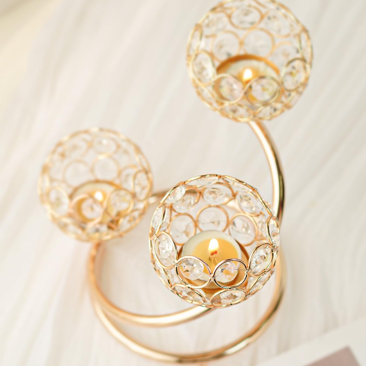 KEHAIL Gold Metal Crystal Candle Holder Set of 3 - Elegant 5-Arm Metal Tea Light Centerpiece with Shining Crystal Bowl, Wedding Anniversary Table Decor for Dining, Party