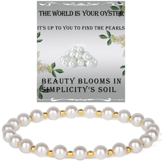 QOGIR Imitation Pearl - 14K Gold Plated Beads Gemstone Stretch Elastic Dainty Handmade Beaded Bracelets for Women Gifts 6mm