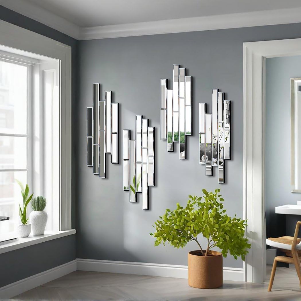 VOHJD Artisan Set of 4 Silver Beveled Wall Decor Mirrors - 24x8 Inch Each, Creative Combination Design for Modern & Farmhouse Home Decor, Shatter-Resistant Glass with Wood Backing