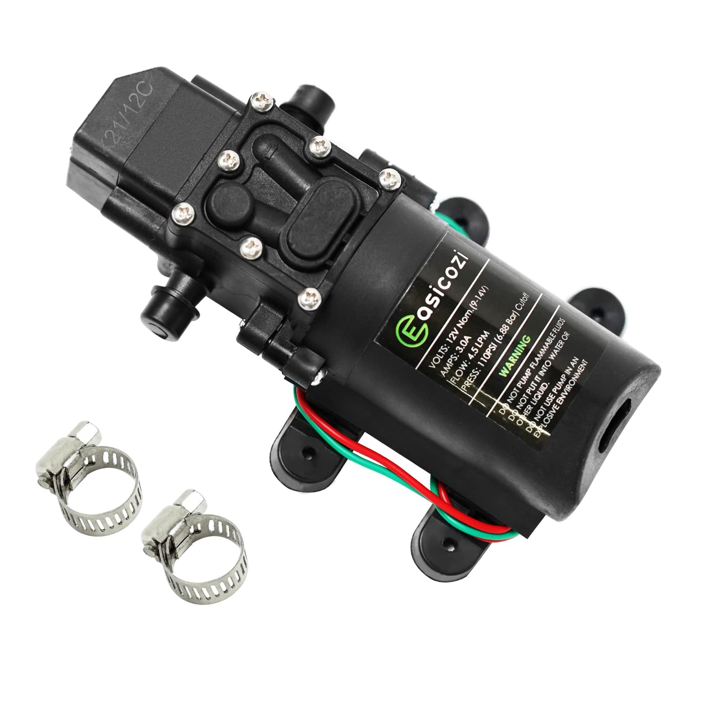 12V DC Fresh Water Pump with 2 Hose Clamp 12 Volt Diaphragm Pump Self Priming Sprayer Pump with Pressure Switch 4.5 L/Min 1.2 GPM 110 PSI Adjustable for RV Camper Marine Boat Lawn