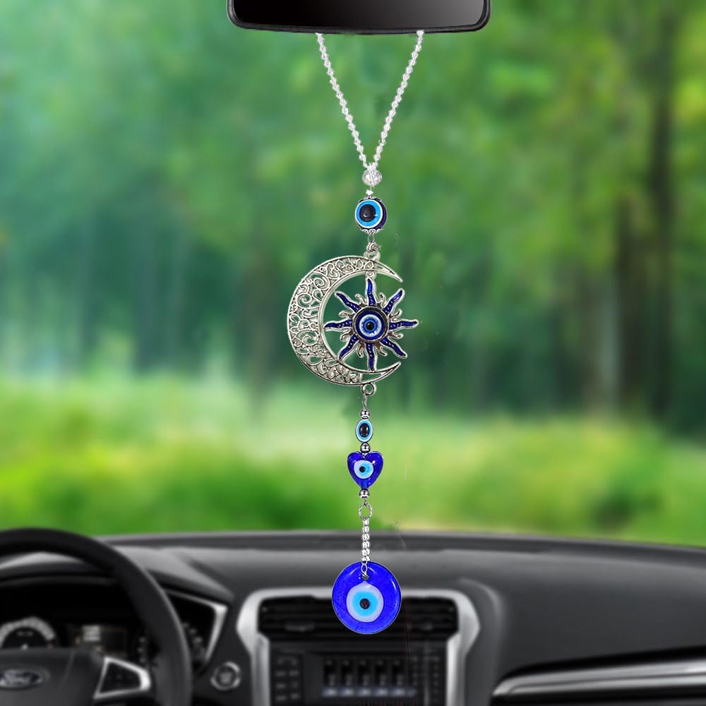 Sun and Moon Blue Evil Eye Wall Hanging, Crystal Hanging Ornament for Car Home Decor (1, Blue Eye Hanging)
