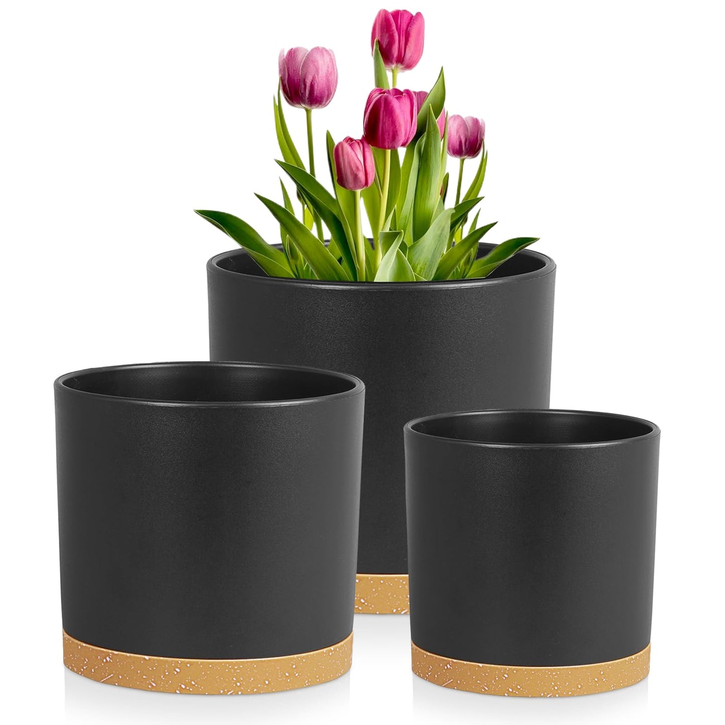 Meowell 8/7/6 inch Flower Pots, 3 Pack Cylinder Plant Pots for Outdoor Indoor Plants, Decorative Plastic Planters with Drainage Holes and Saucers for Garden House Plants, Black with Brown