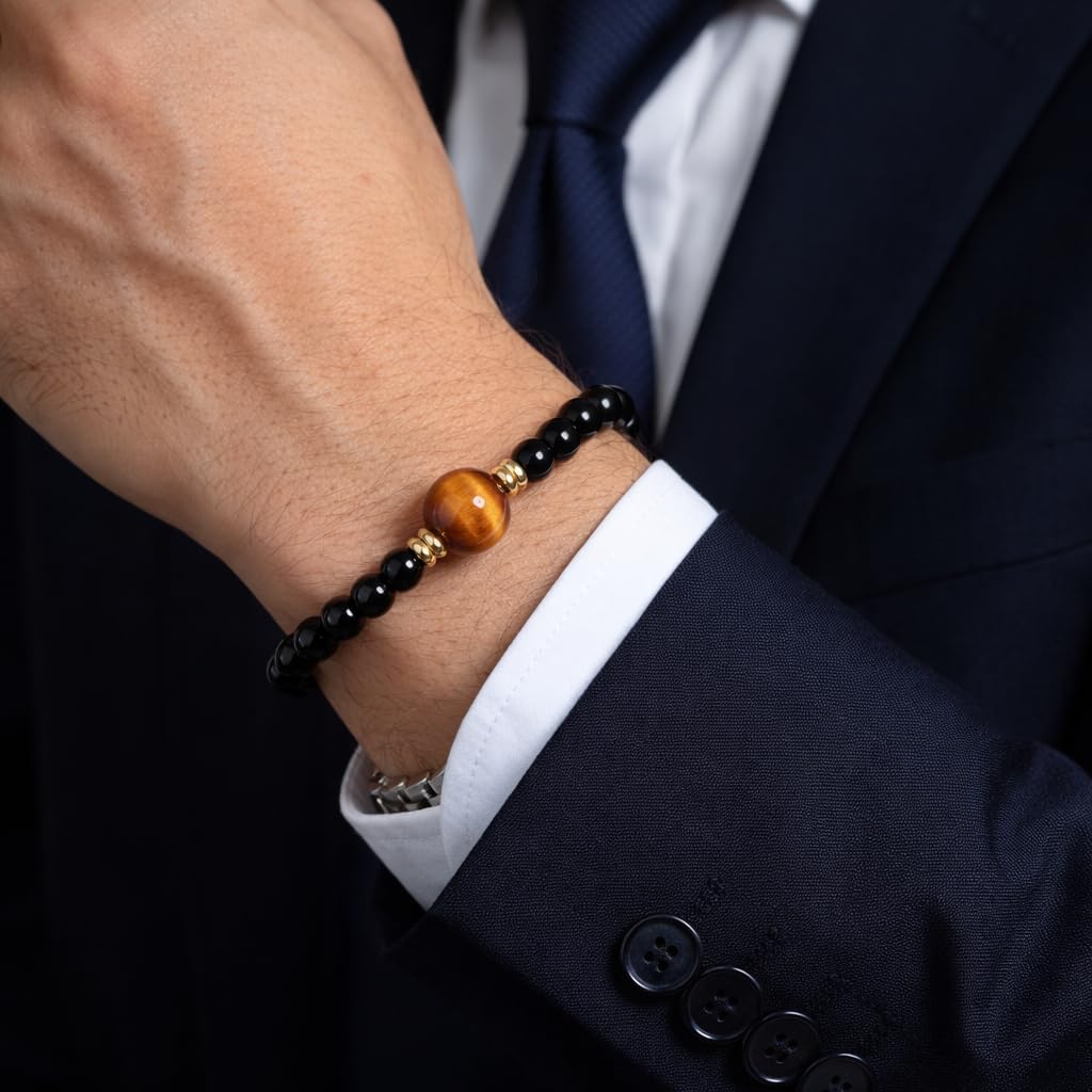 Magiriam Black Obsidian & Tiger Eye Bracelet for Men and Women – Natural Crystal Stretch Bracelet for Mindfulness, Confidence & Everyday Wear Healing Energy Bracelet Gifts for Unisex Adult 7-inch (18cm)